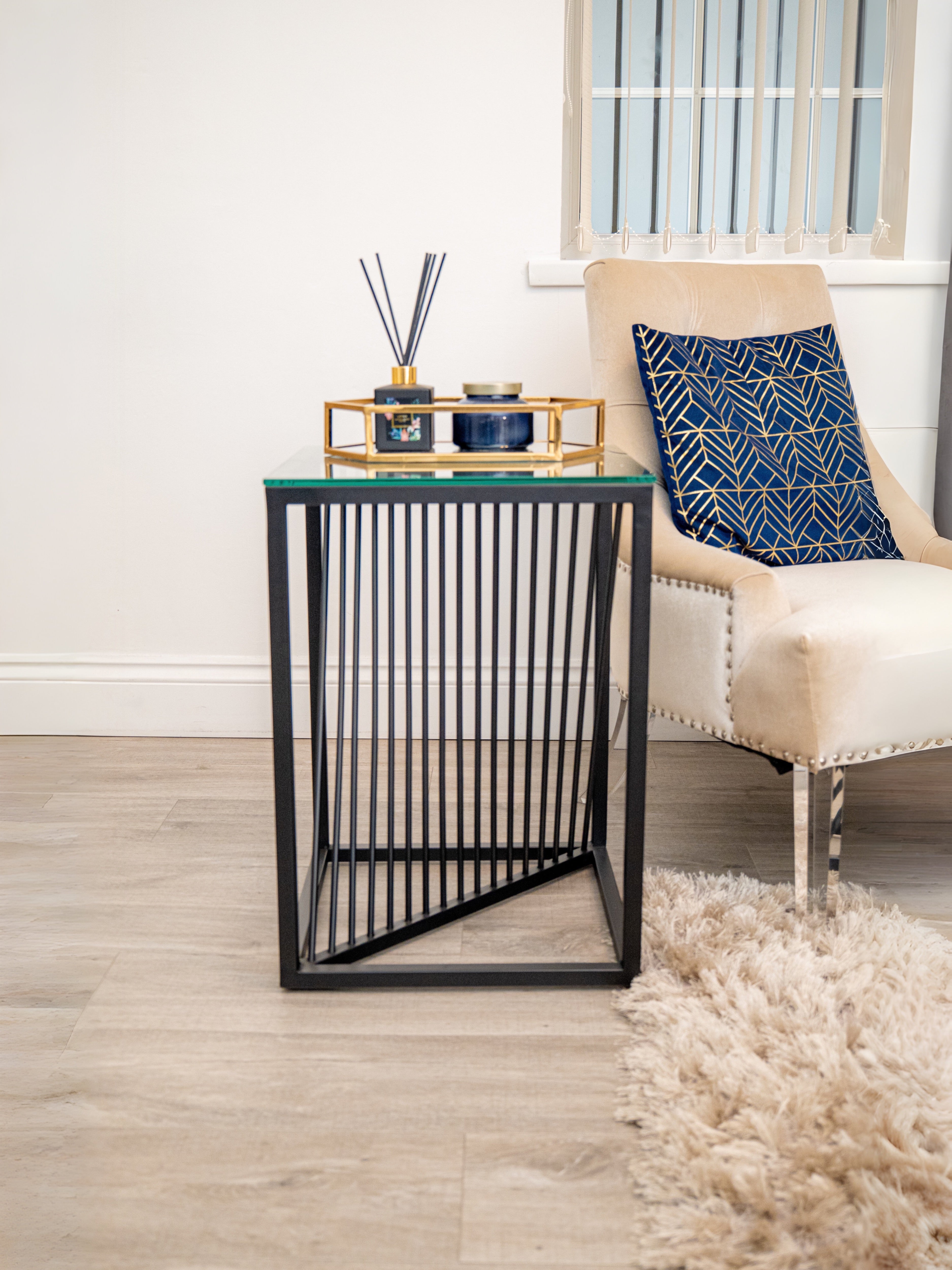 Luna Black Metal Twist Glass Topped Luxury End Table