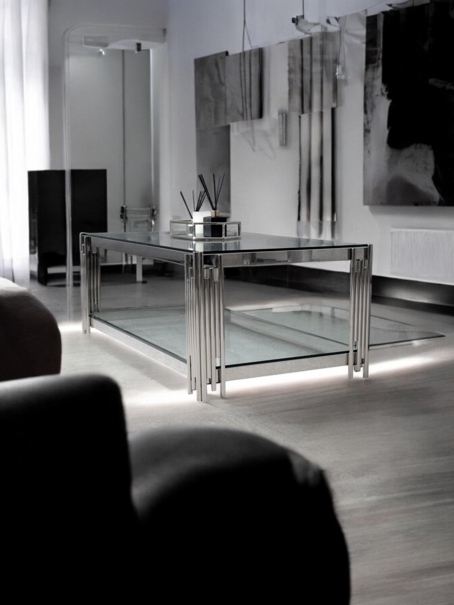 Cohen Steel Tubes and Clear Glass Coffee Table Chrome