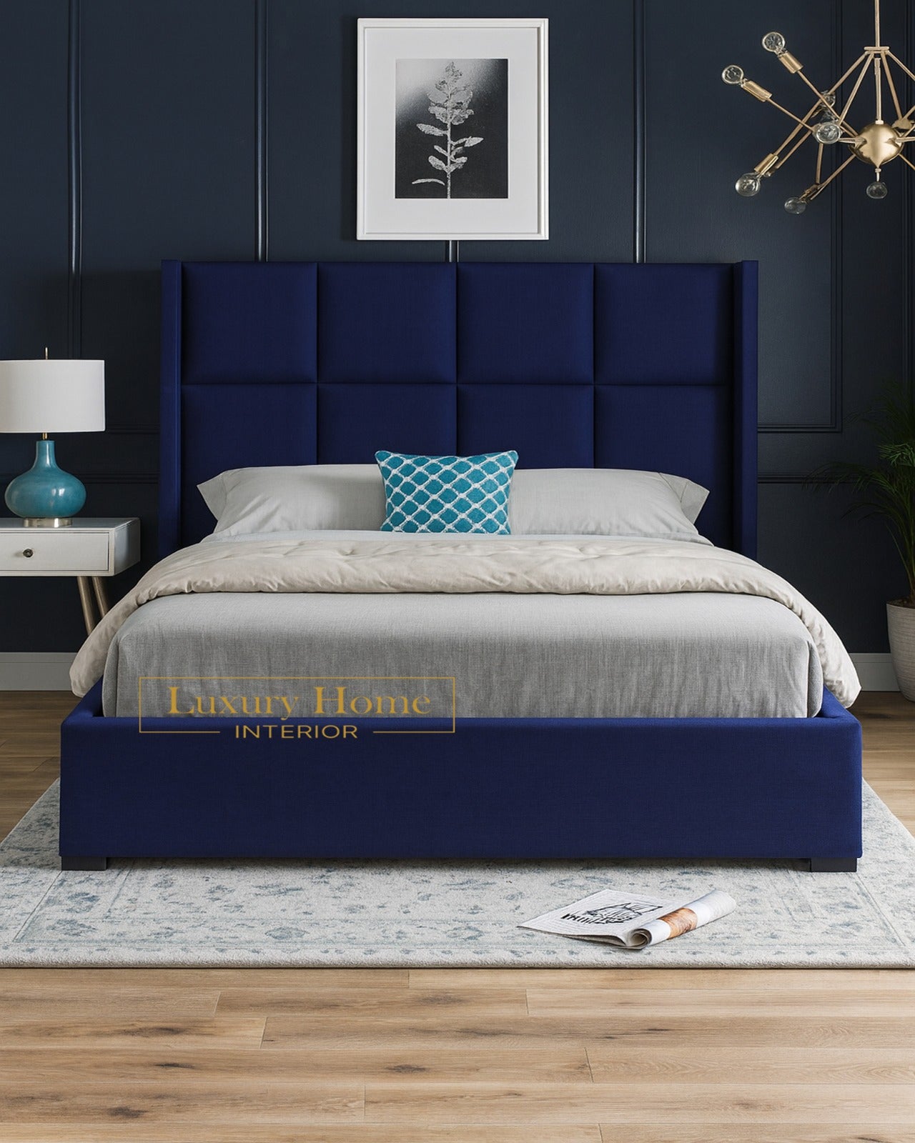 The Bespoke Mercy Straight Winged Upholstered Soft Velvet Bed Frame-Fully Customisable with Storage Options- Luxe Metal Range