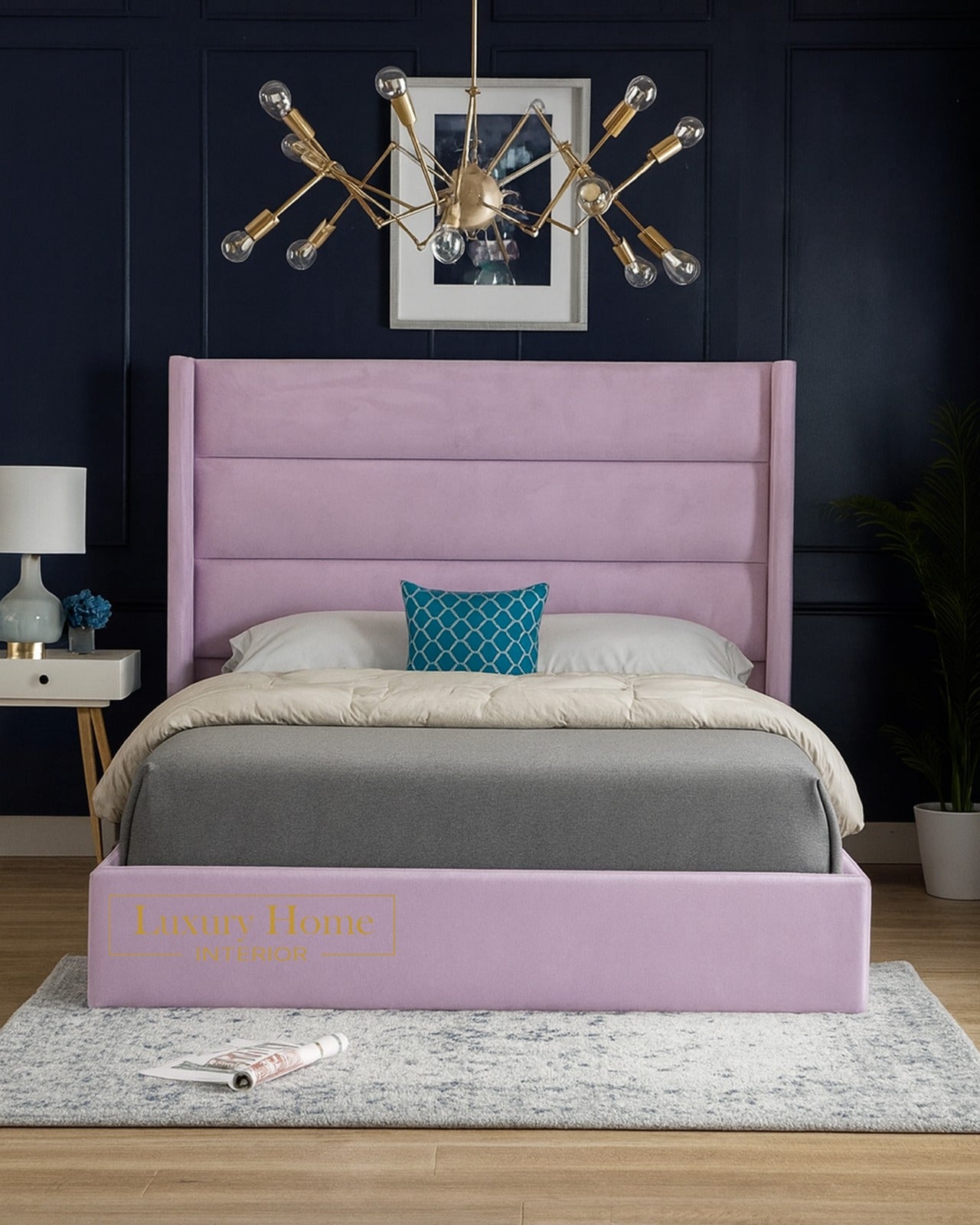 The Bespoke Ruby Straight Winged Upholstered Soft Velvet Bed Frame- Fully Customisable With Ottoman Storage- Velvet Monaco Range