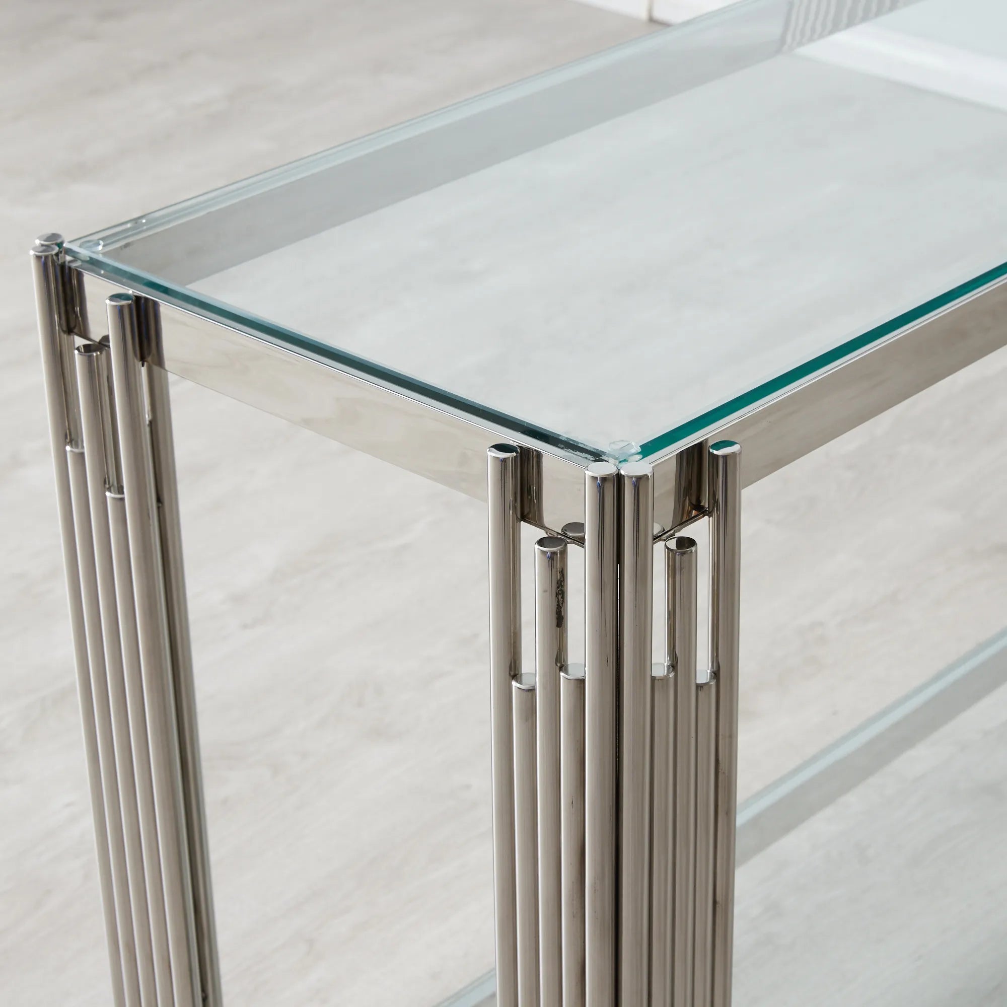 Cohen Contemporary Stainless Steel & Glass Console Table – Modern Chrome Dressing / Hallway Table 120cm Colton Range