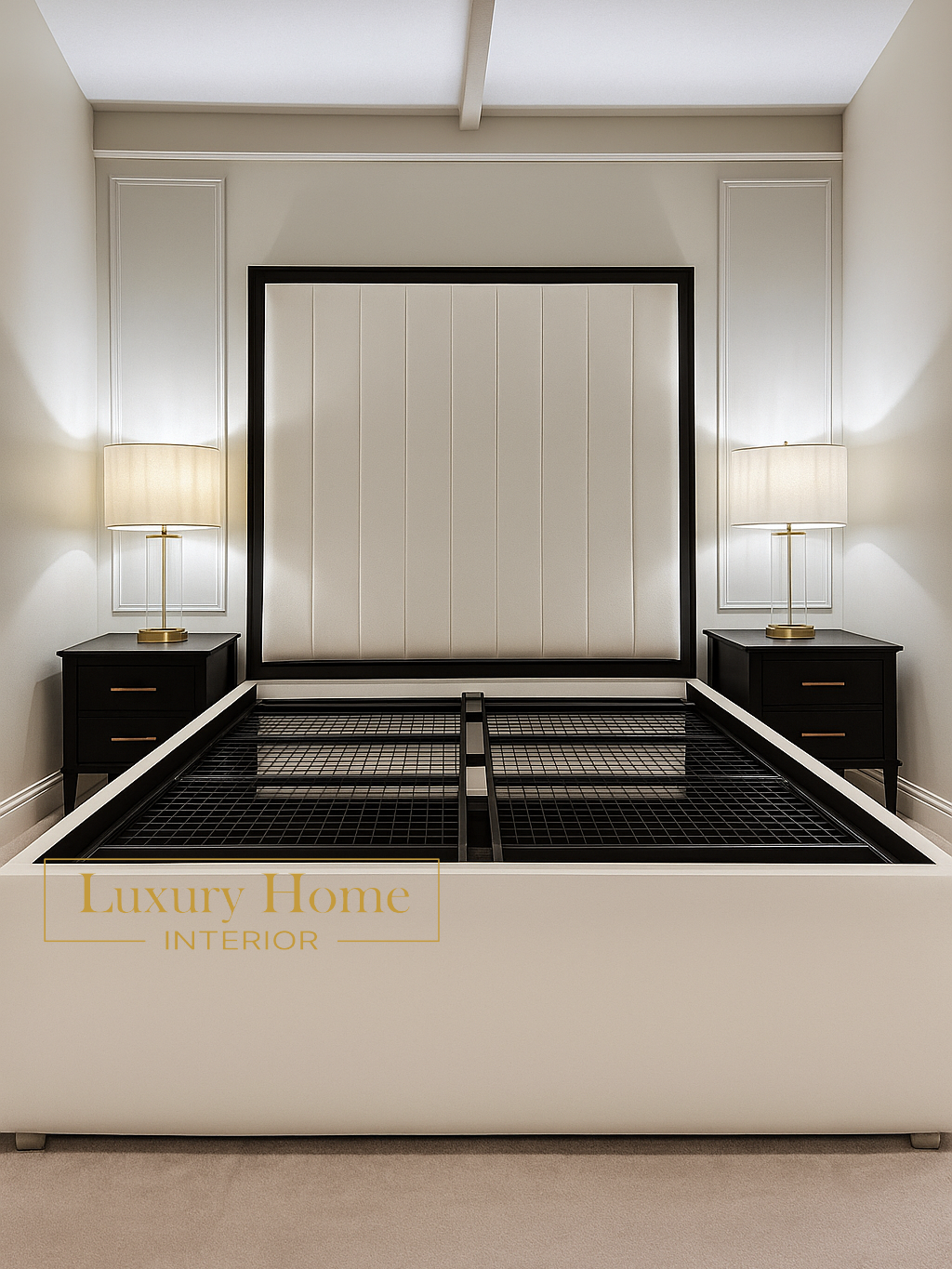 The Bespoke Royal Kensington Luxe Wallboard with Black Metal Surround- Black & Cream Fully Customisable with Storage Options- Washington Black Border Range