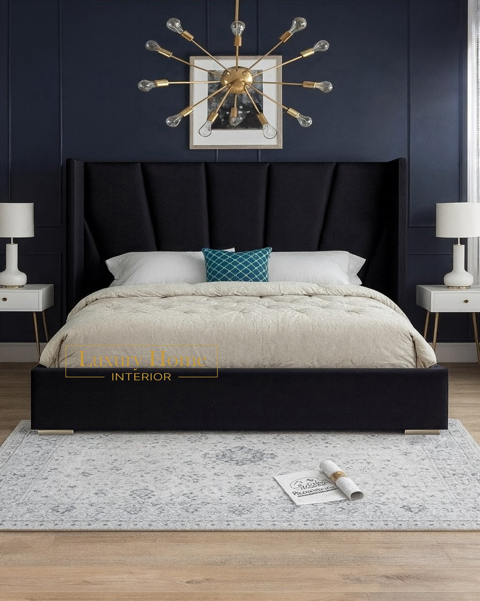 The Bespoke Scarlett Wide Curved Winged Upholstered Soft Velvet Bed Frame- Fully Customisable with Storage Options- Velvet Monaco Range