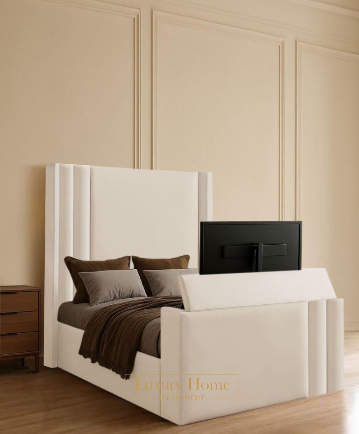 The Bespoke Linea Upholstered Soft Velvet Line Tv Bespoke Bed Frame- Fully Customisable with Storage Options- Luxe Tv Range