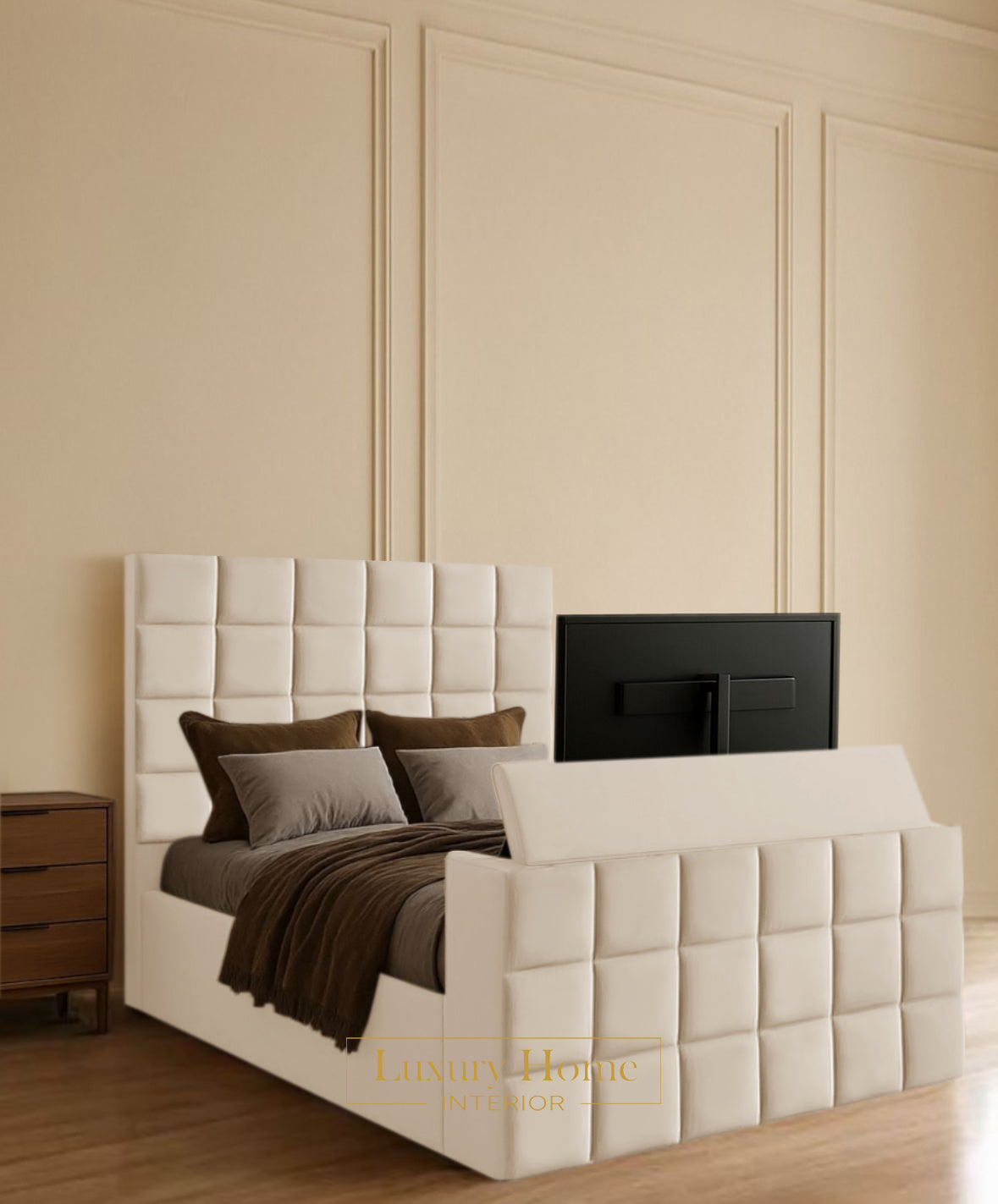The Bespoke Velora Upholstered Soft Velvet Line Tv Bespoke Bed Frame- Fully Customisable with Storage Options- Luxe Tv Range