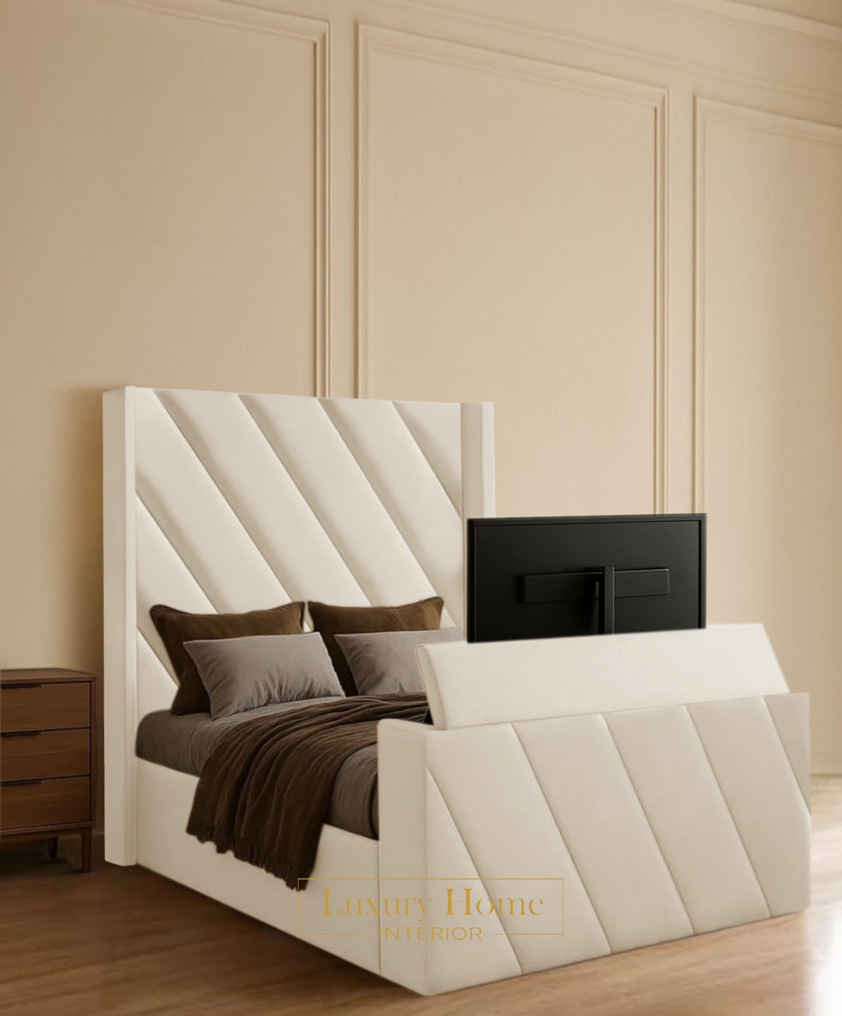 The Bespoke Zen Upholstered Soft Velvet Line Tv Bespoke Bed Frame- Fully Customisable with Storage Options- Luxe Tv Range
