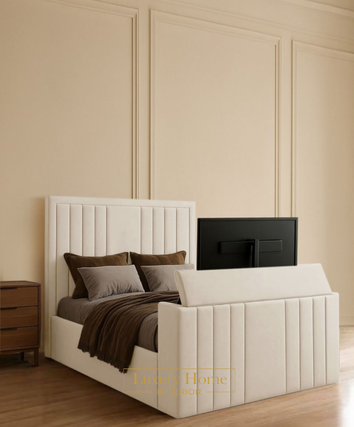 The Bespoke Innova Upholstered Soft Velvet Line Tv Bespoke Bed Frame- Fully Customisable with Storage Options- Luxe Tv Range
