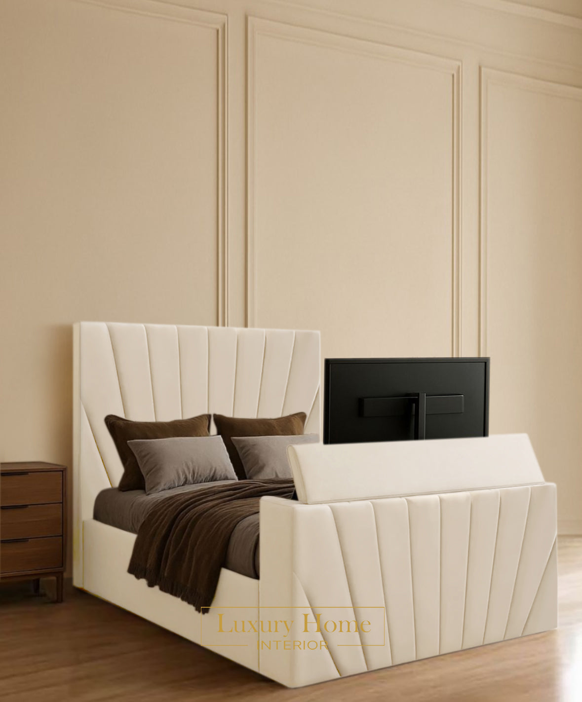 The Bespoke Lunera Upholstered Soft Velvet Line Tv Bespoke Bed Frame- Fully Customisable with Storage Options- Luxe Tv Range