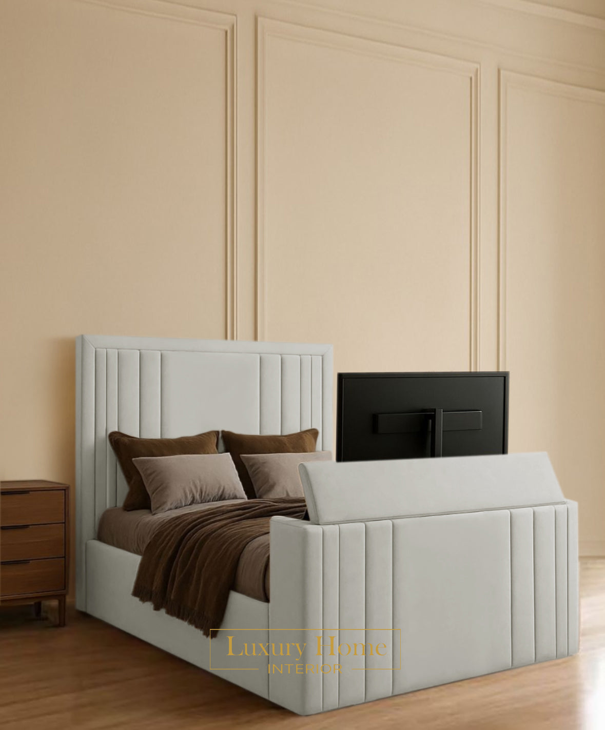 The Bespoke Elysia Upholstered Soft Velvet Line Tv Bespoke Bed Frame- Fully Customisable with Storage Options- Luxe Tv Range