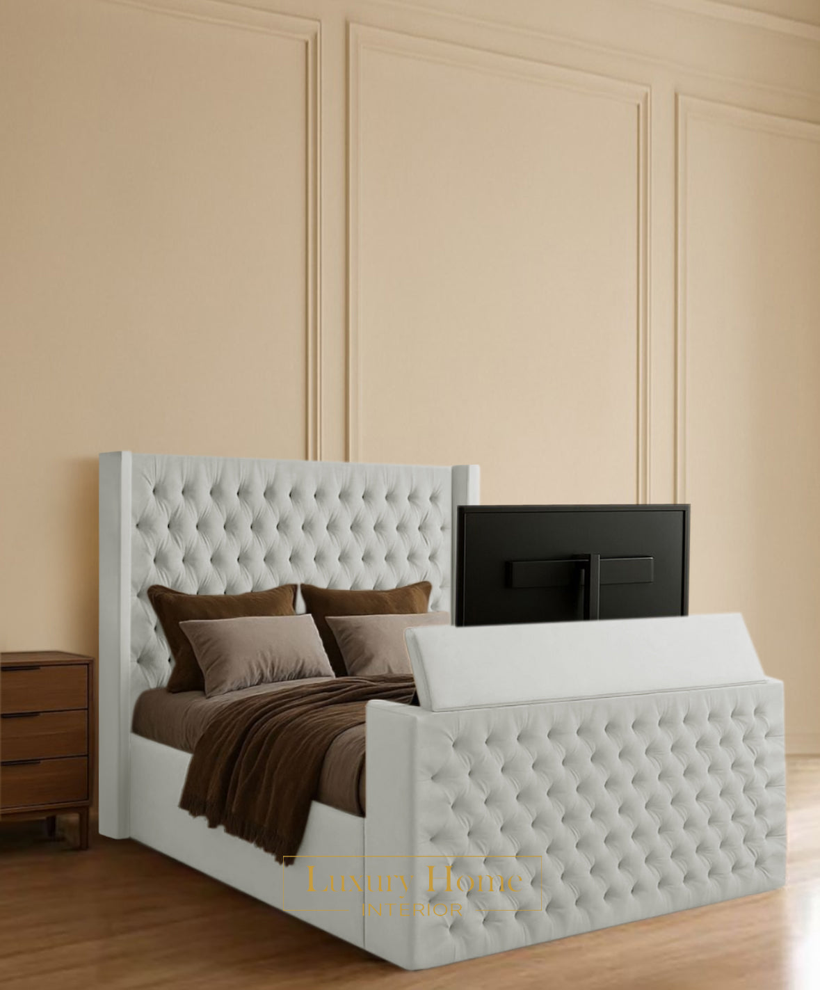 The Bespoke Relexa Upholstered Soft Velvet Line Tv Bespoke Bed Frame- Fully Customisable with Storage Options- Luxe Tv Range
