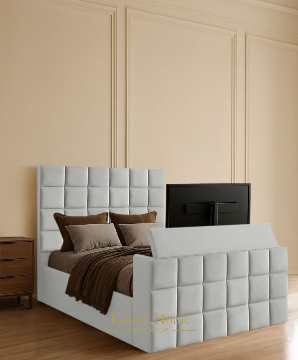 The Bespoke Velora Upholstered Soft Velvet Line Tv Bespoke Bed Frame- Fully Customisable with Storage Options- Luxe Tv Range