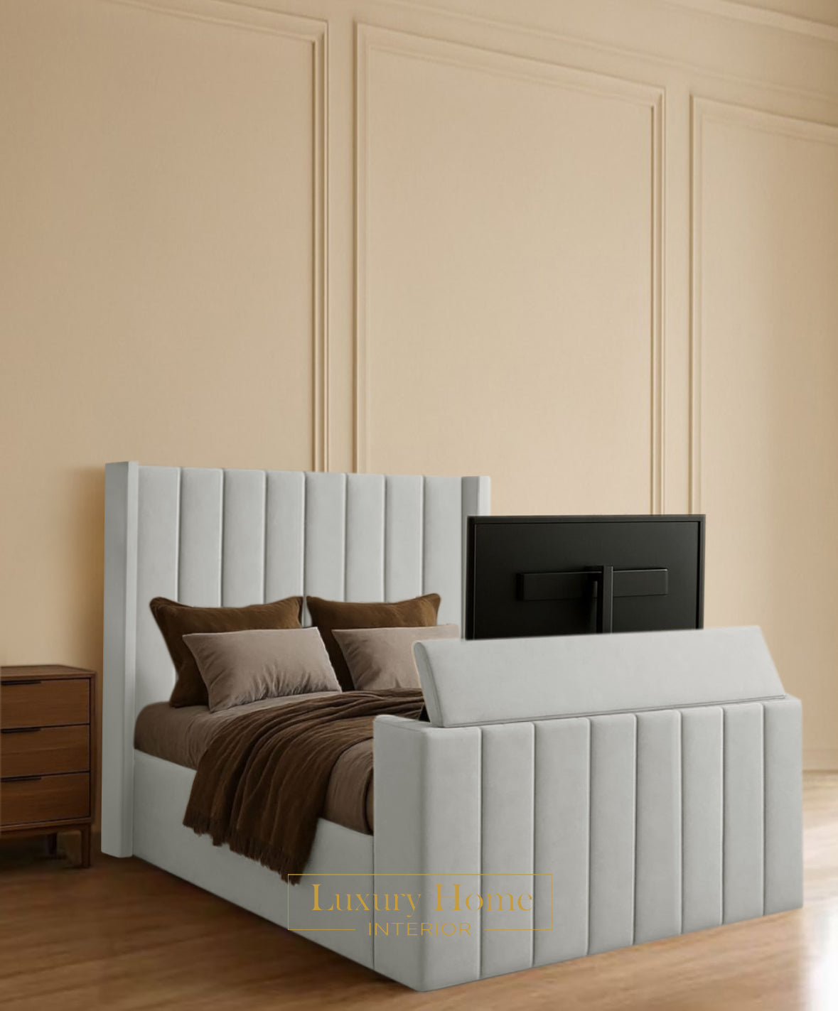The Bespoke Zennic Upholstered Soft Velvet Line Tv Bespoke Bed Frame- Fully Customisable with Storage Options- Luxe Tv Range