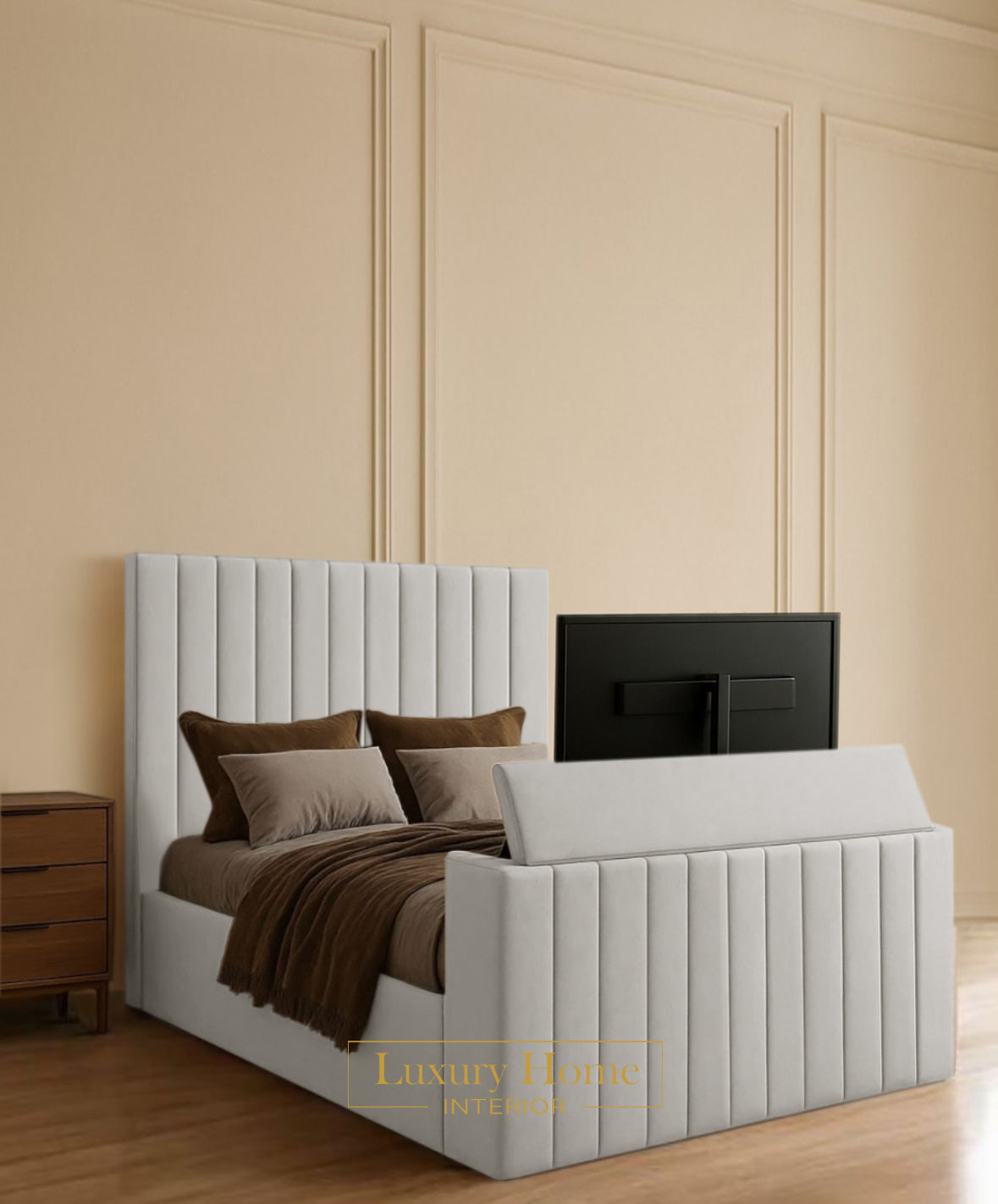 The Bespoke Royale Upholstered Soft Velvet Line Tv Bespoke Bed Frame- Fully Customisable with Storage Options- Luxe Tv Range
