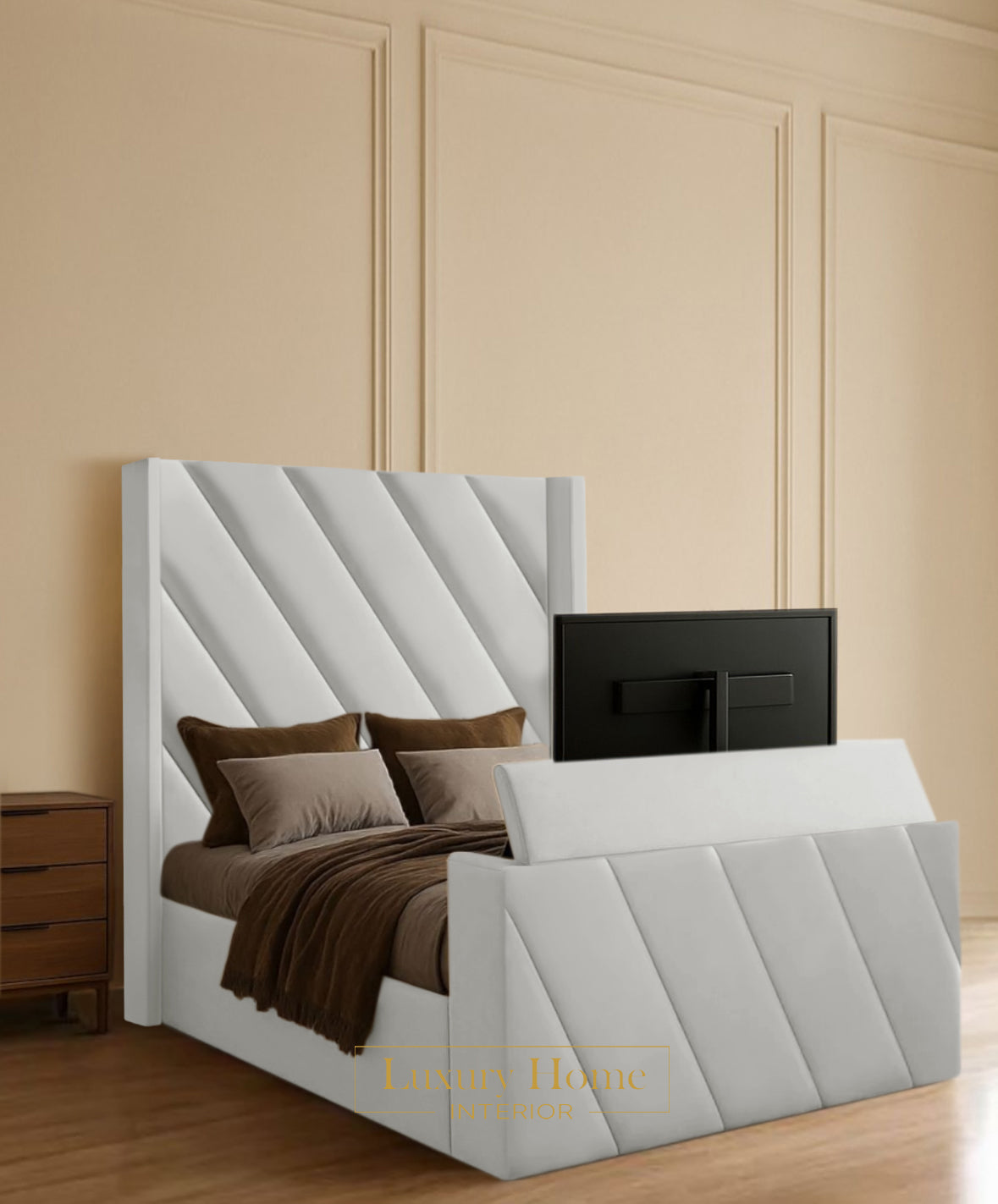 The Bespoke Zen Upholstered Soft Velvet Line Tv Bespoke Bed Frame- Fully Customisable with Storage Options- Luxe Tv Range