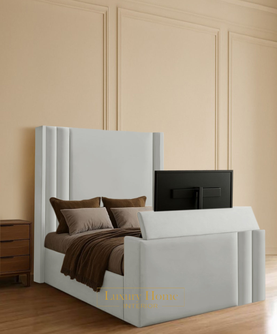 The Bespoke Linea Upholstered Soft Velvet Line Tv Bespoke Bed Frame- Fully Customisable with Storage Options- Luxe Tv Range