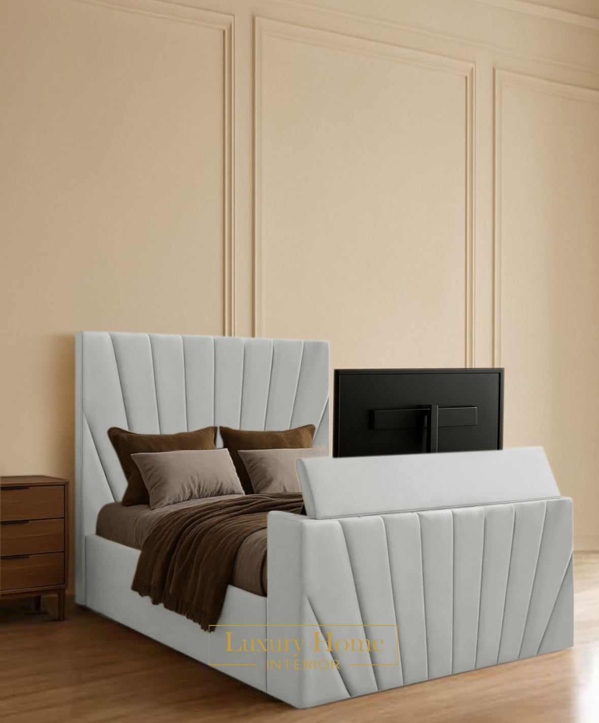 The Bespoke Lunera Upholstered Soft Velvet Line Tv Bespoke Bed Frame- Fully Customisable with Storage Options- Luxe Tv Range
