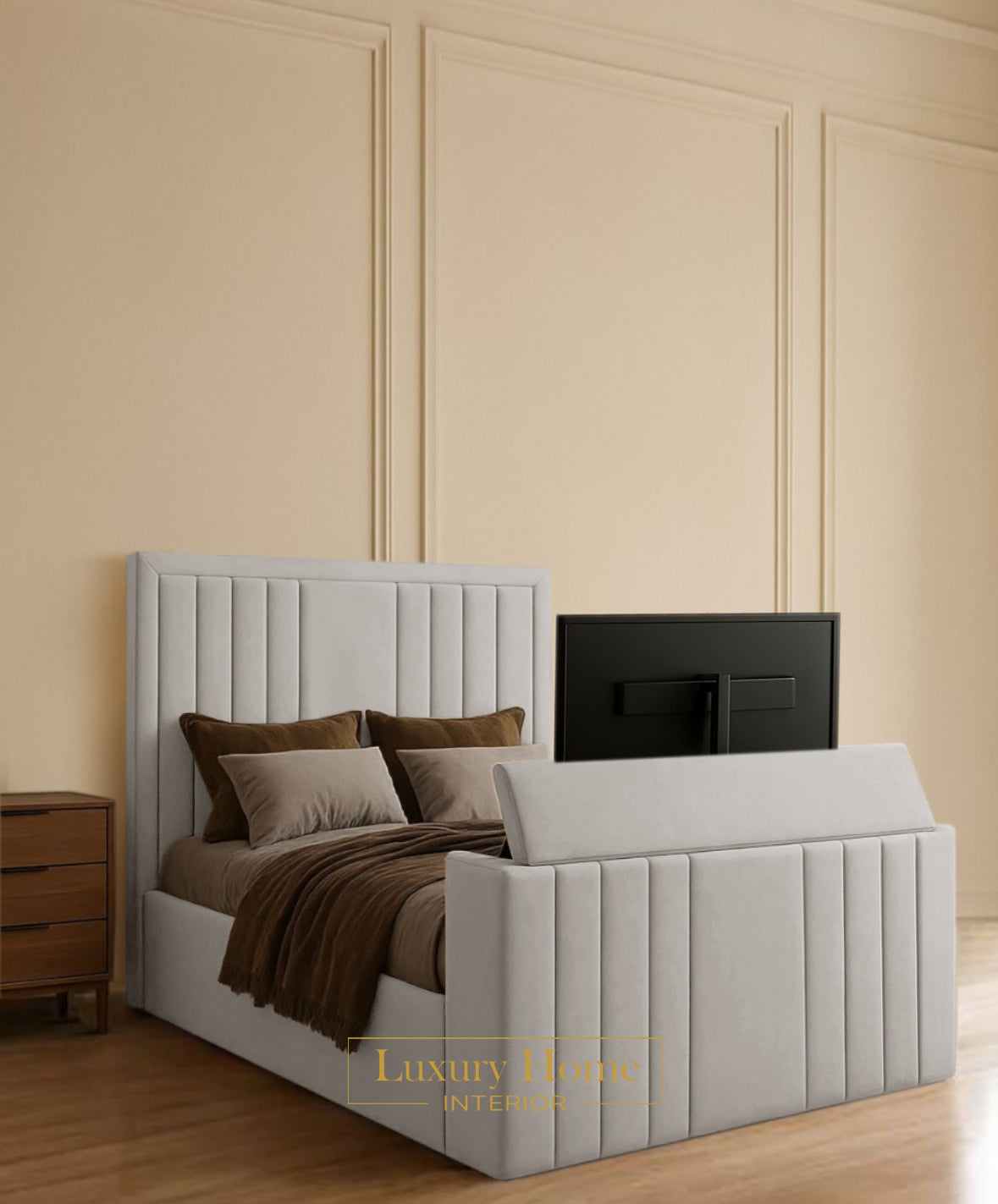 The Bespoke Innova Upholstered Soft Velvet Line Tv Bespoke Bed Frame- Fully Customisable with Storage Options- Luxe Tv Range