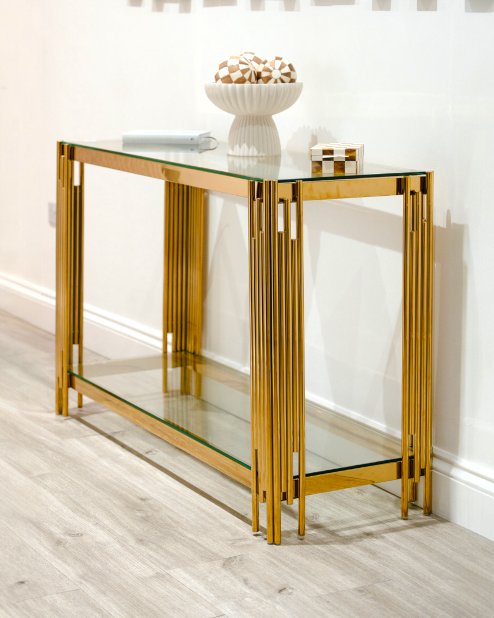 Cohen Gold Metal Tubes & Clear Glass Gold Console Table