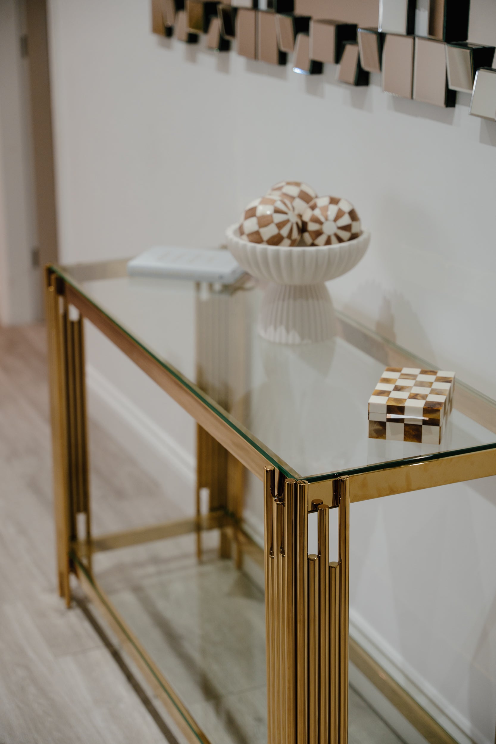 Cohen Gold Metal Tubes & Clear Glass Gold Console Table