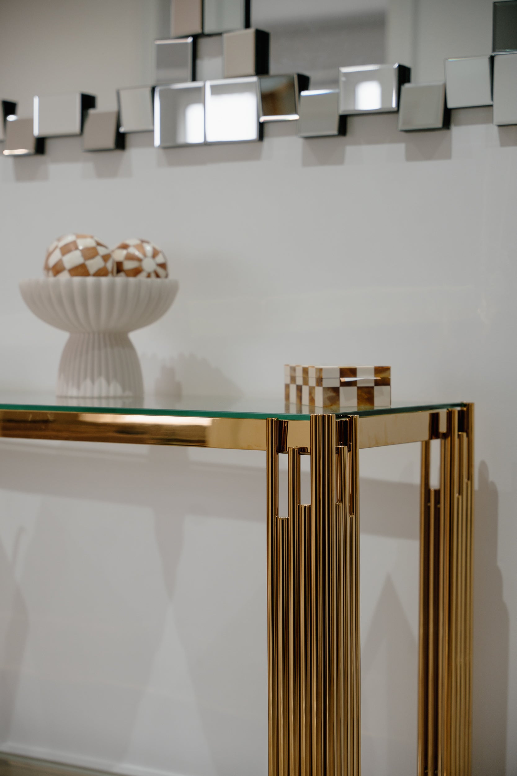 Cohen Gold Metal Tubes & Clear Glass Gold Console Table