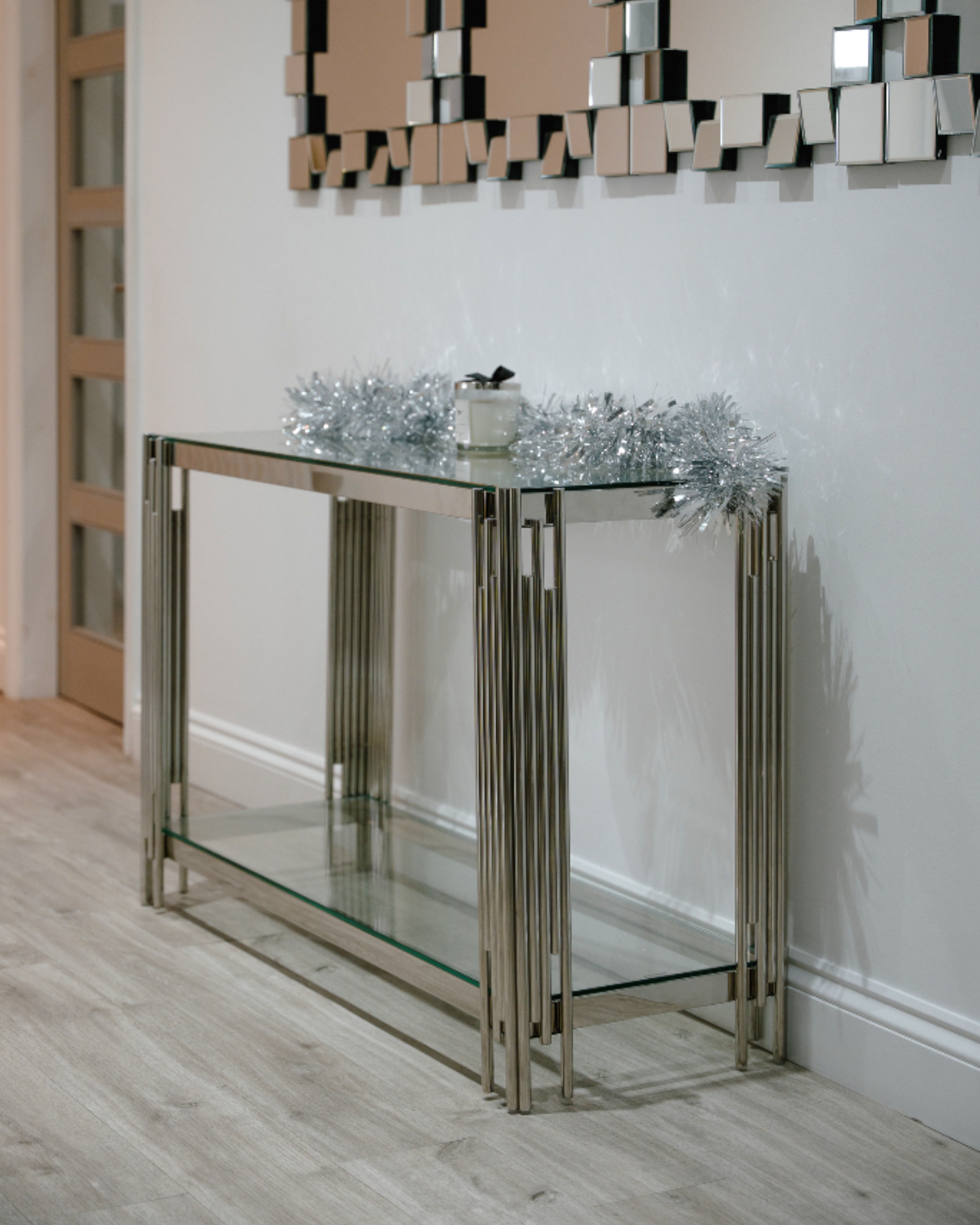 Cohen Contemporary Stainless Steel & Glass Console Table – Modern Chrome Dressing / Hallway Table 120cm Colton Range