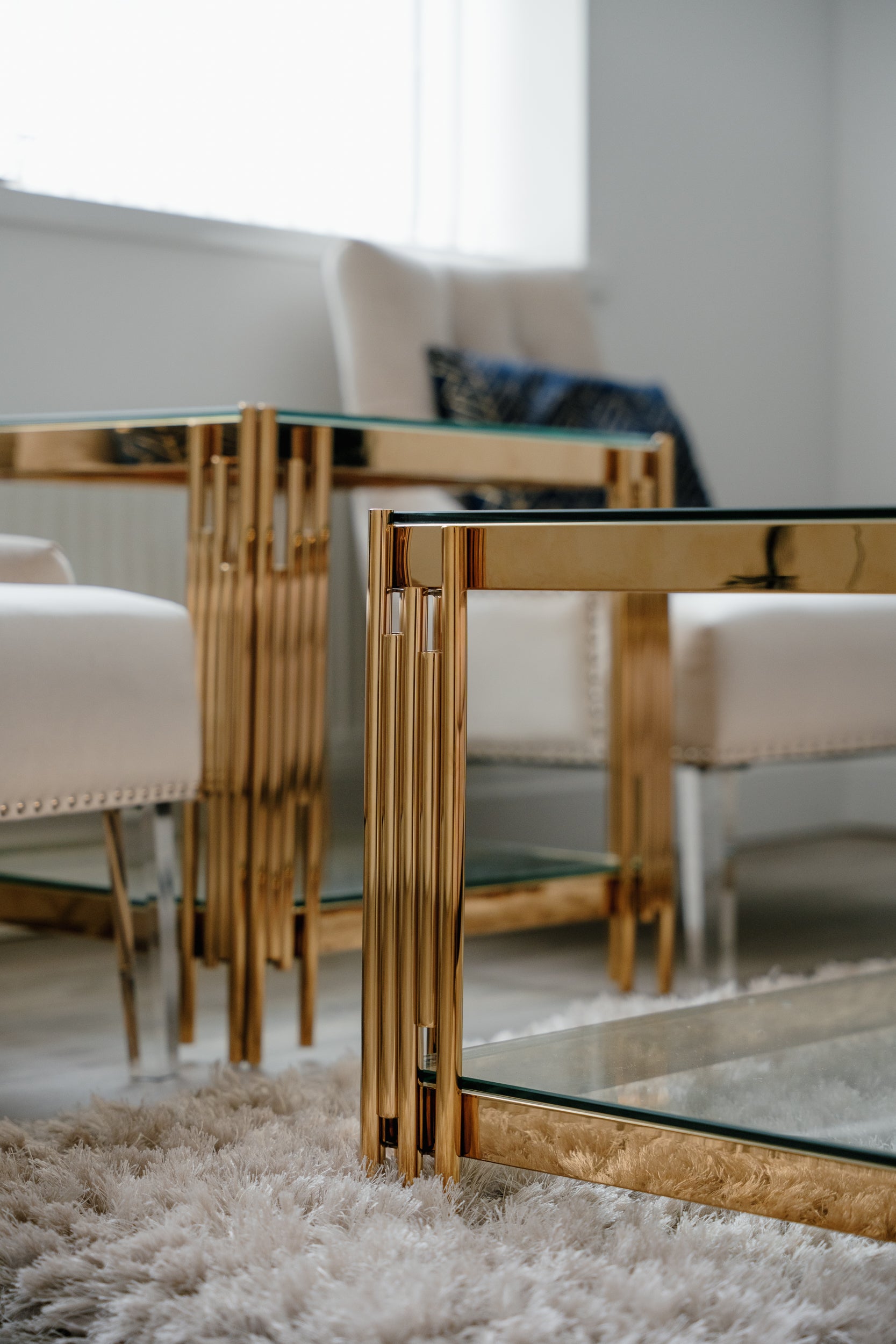 Cohen Gold Metal Tubes & Clear Glass Coffee Table