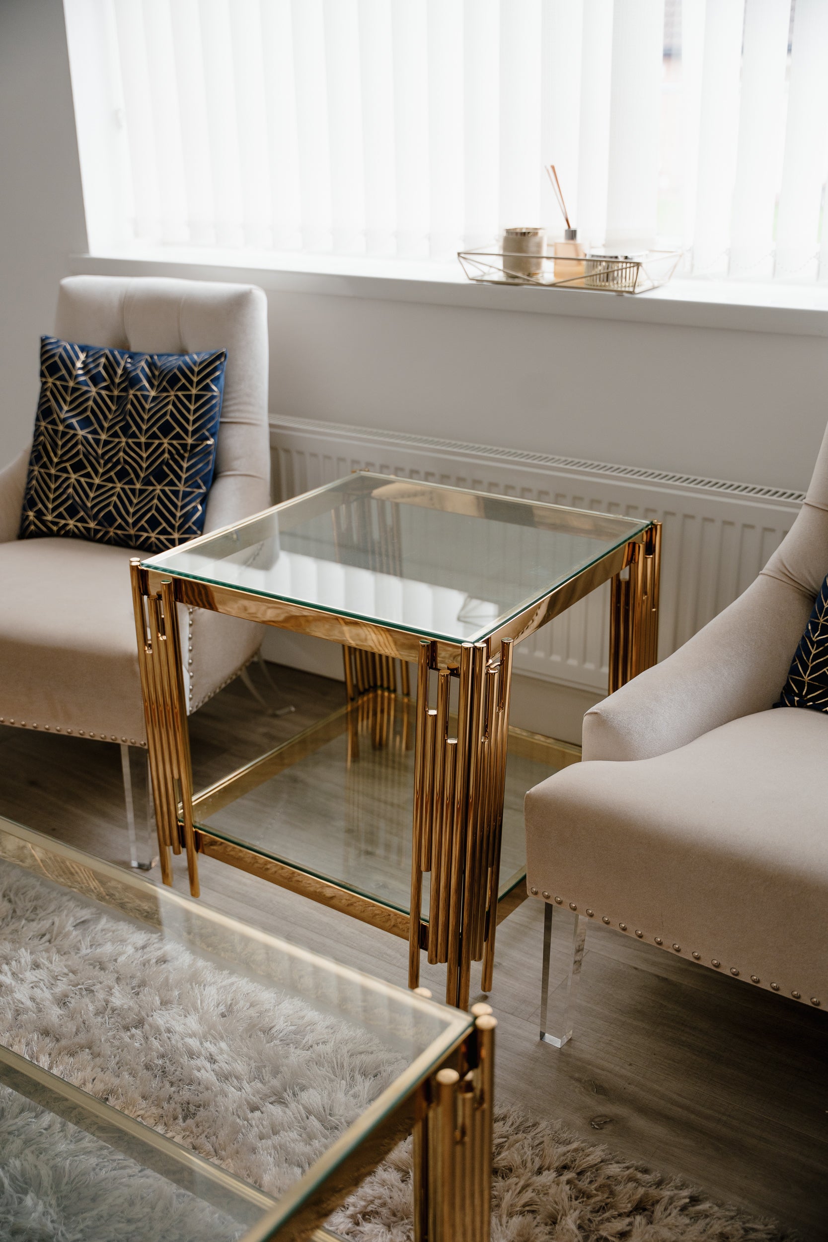 Cohen Gold Metal Tubes & Clear Glass Side End Table