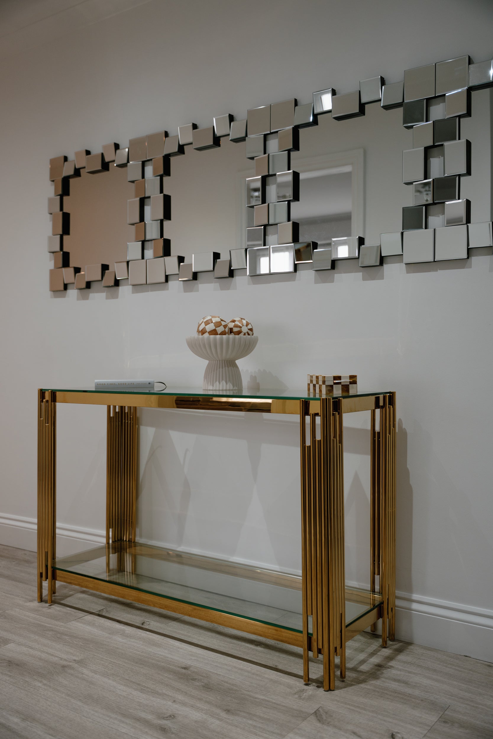 Cohen Gold Metal Tubes & Clear Glass Gold Console Table
