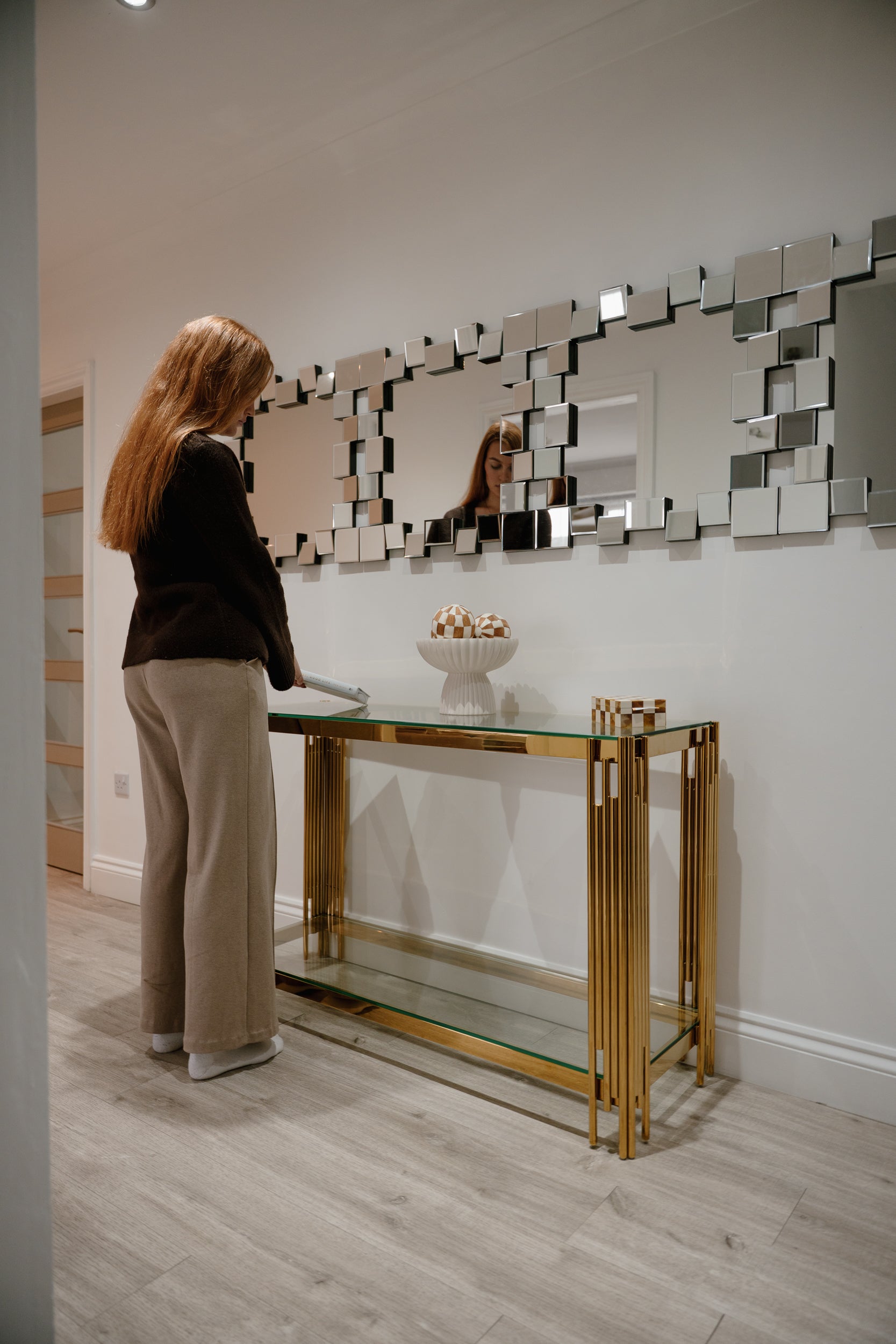 Cohen Gold Metal Tubes & Clear Glass Gold Console Table