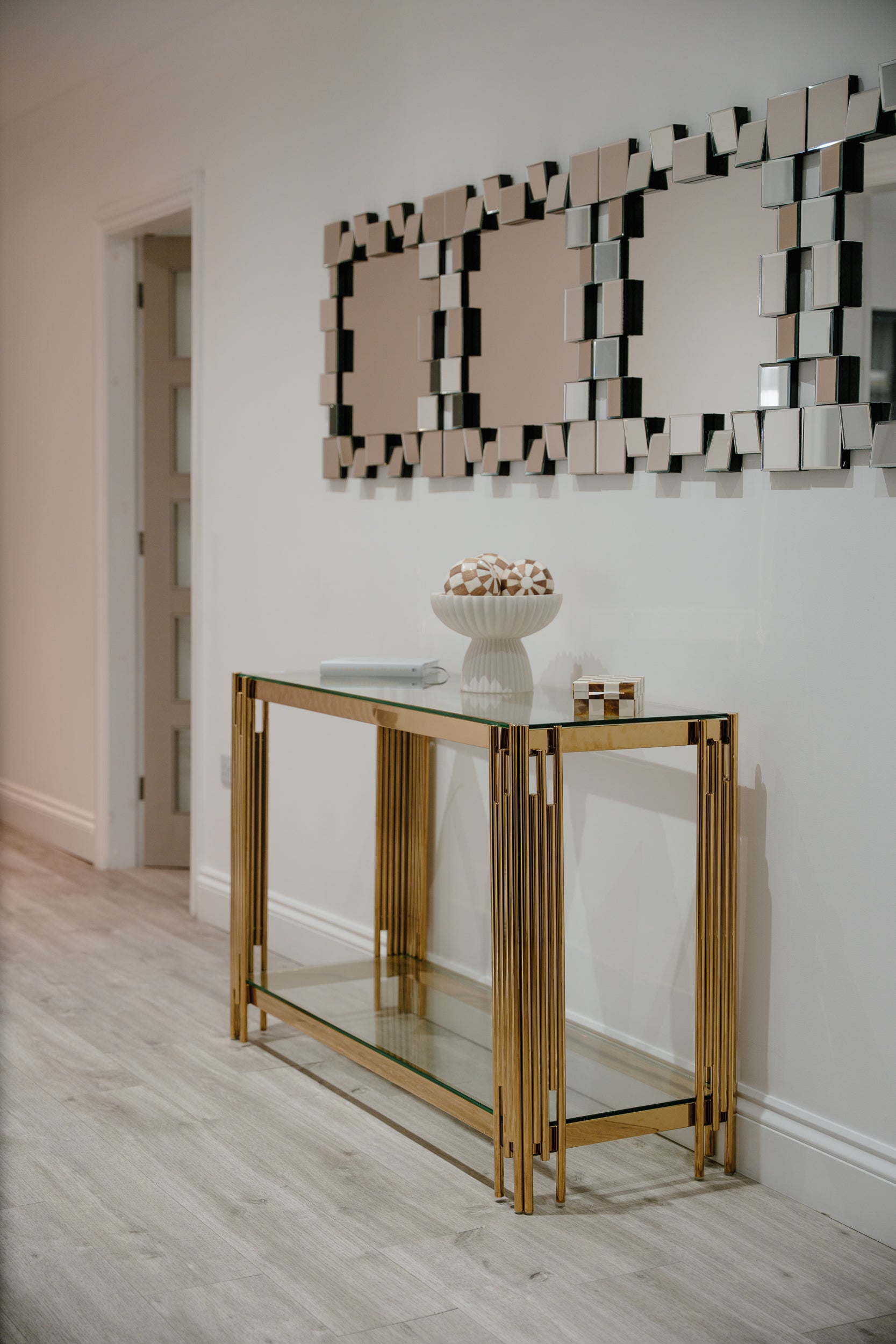 Cohen Gold Metal Tubes & Clear Glass Gold Console Table