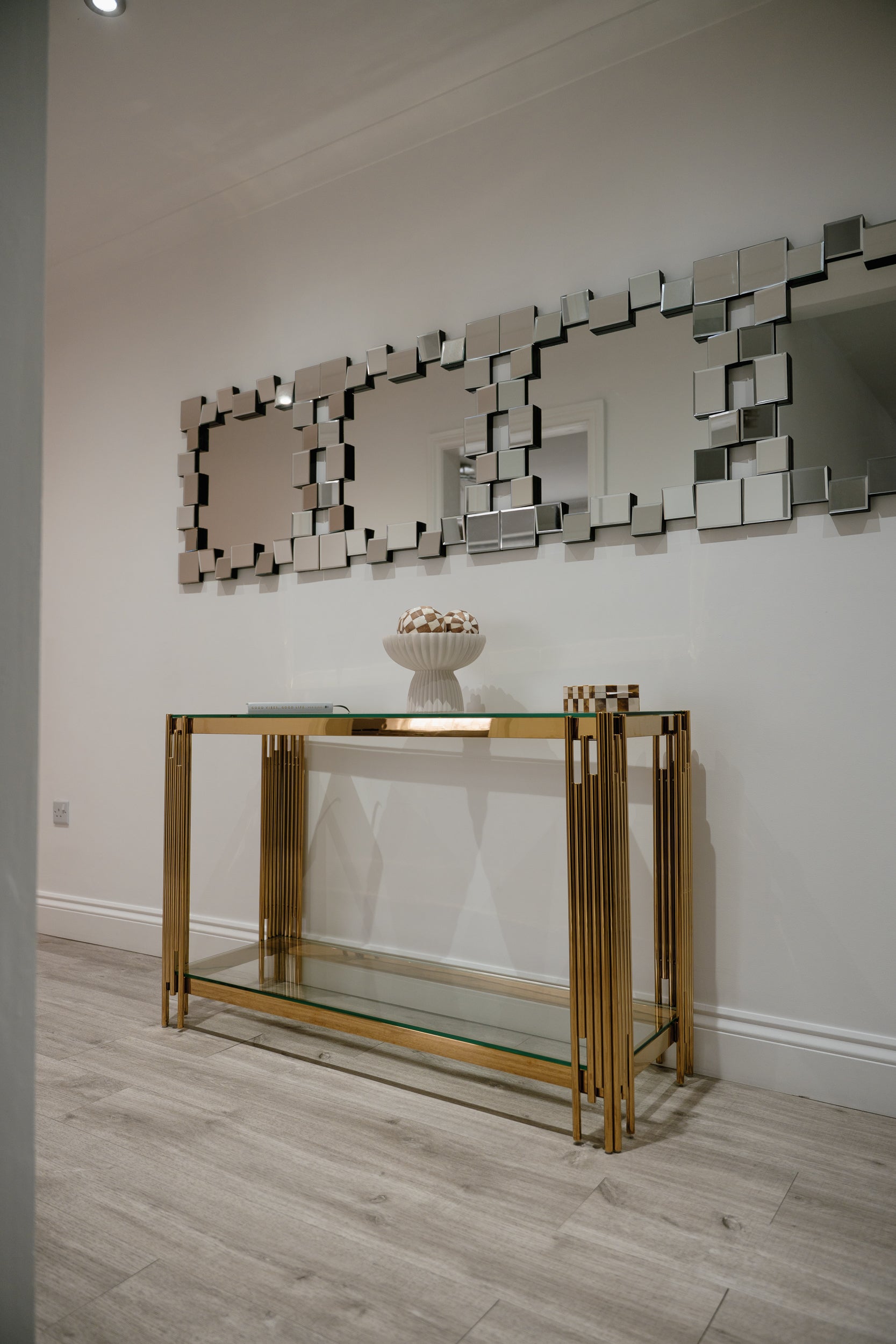 Cohen Gold Metal Tubes & Clear Glass Gold Console Table