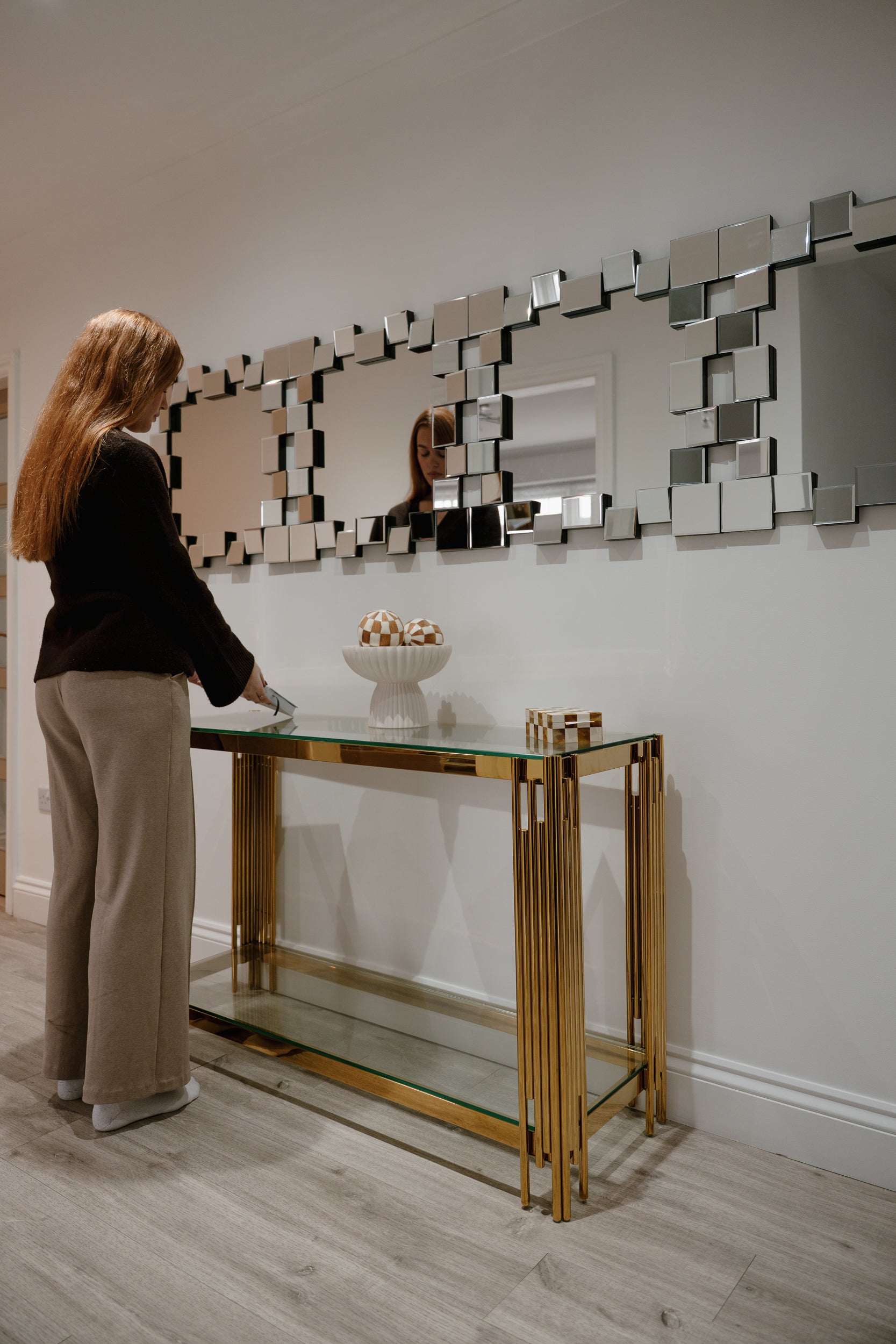 Cohen Gold Metal Tubes & Clear Glass Gold Console Table