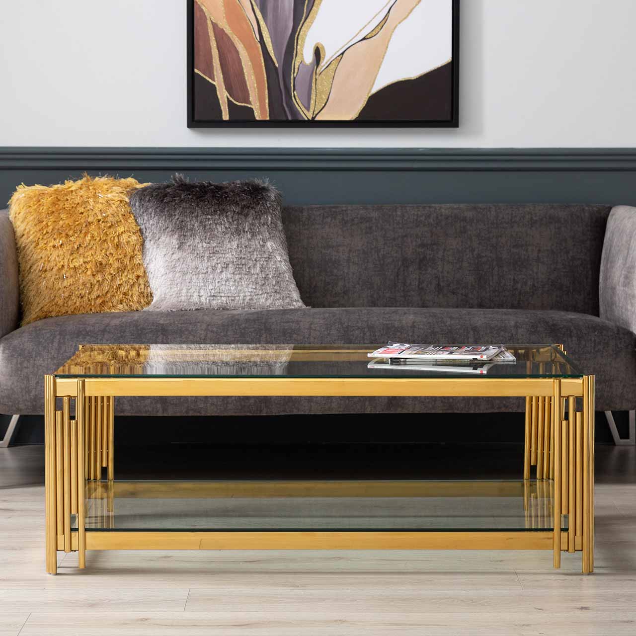 Cohen Gold Metal Tubes & Clear Glass Coffee Table