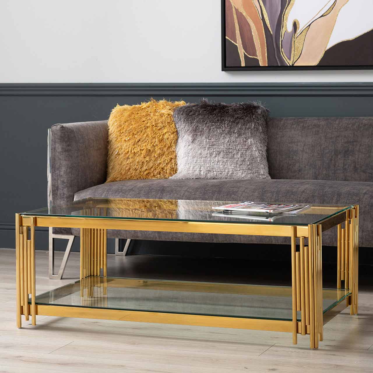 Cohen Gold Metal Tubes & Clear Glass Coffee Table