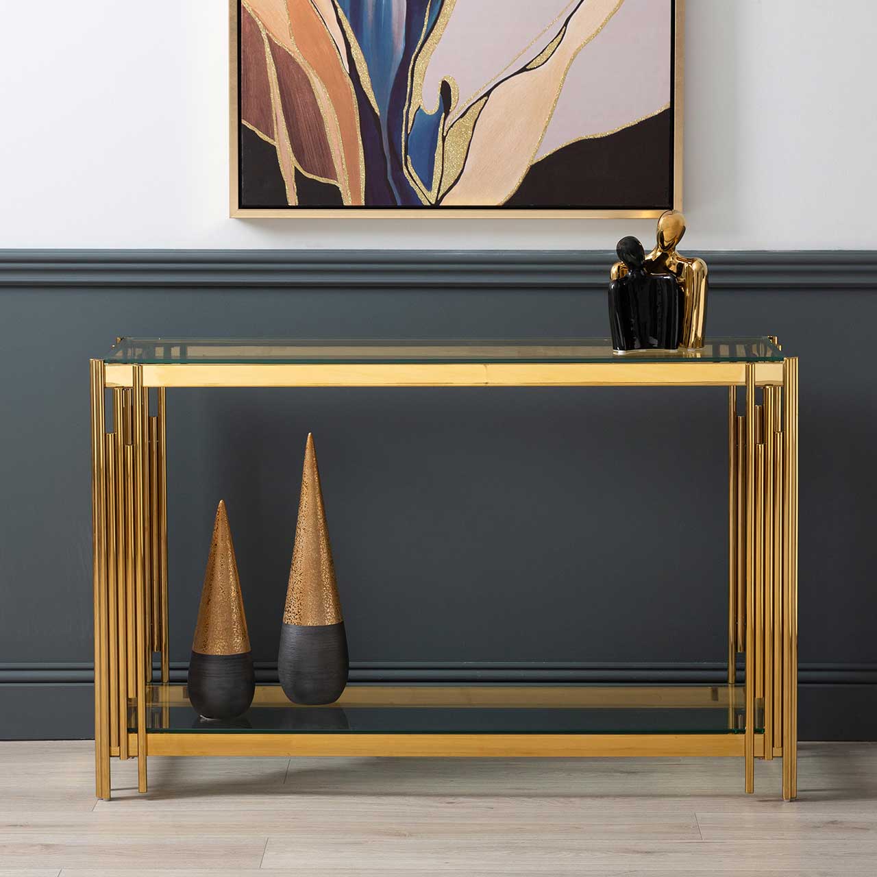 Cohen Gold Metal Tubes & Clear Glass Gold Console Table