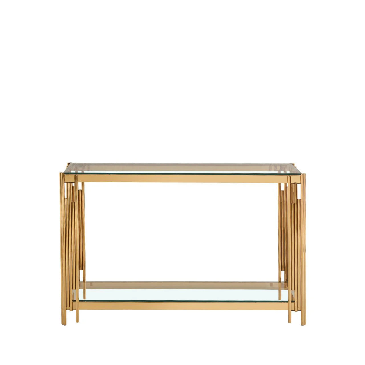 Cohen Gold Metal Tubes & Clear Glass Gold Console Table