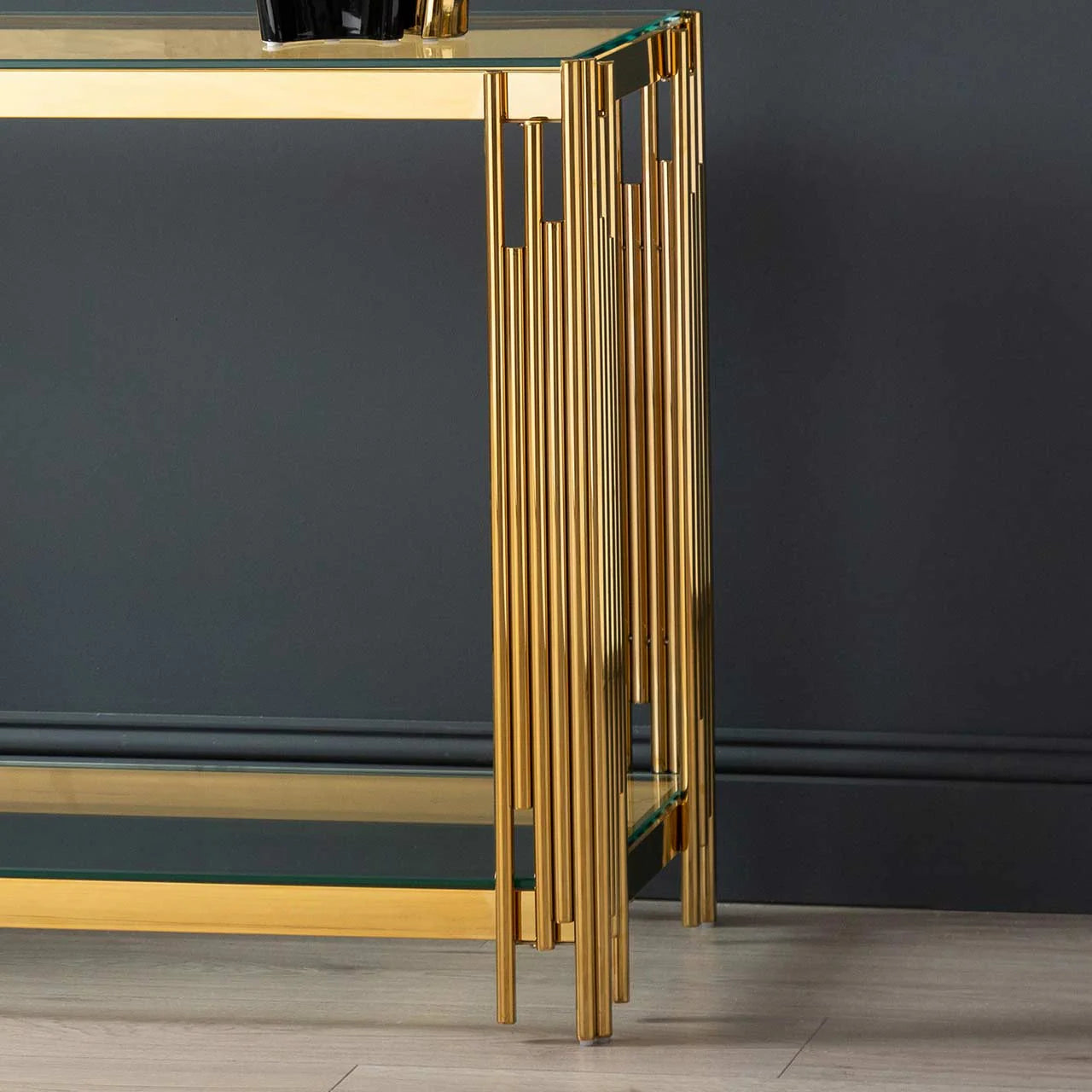 Cohen Gold Metal Tubes & Clear Glass Gold Console Table