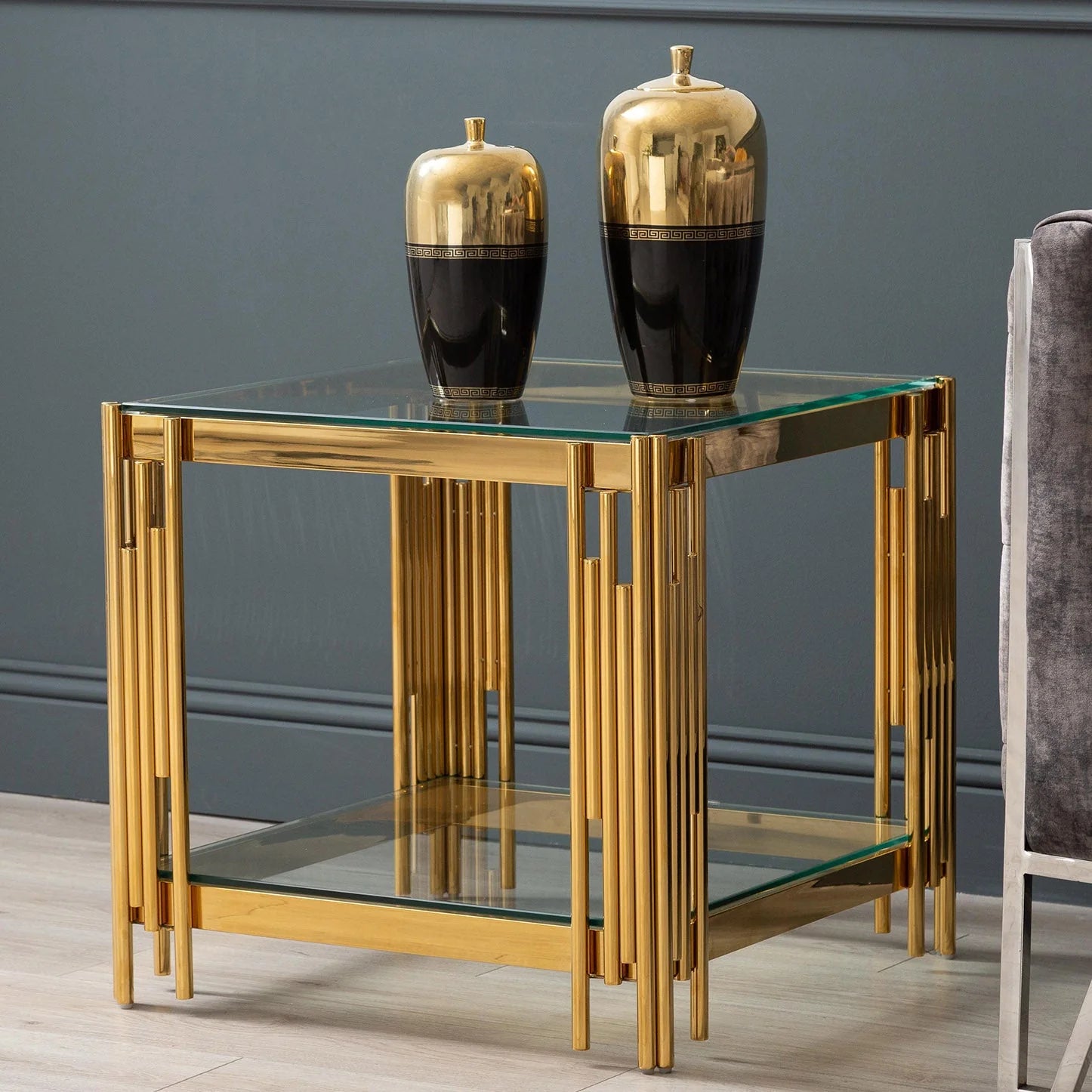 Cohen Gold Metal Tubes & Clear Glass Side End Table