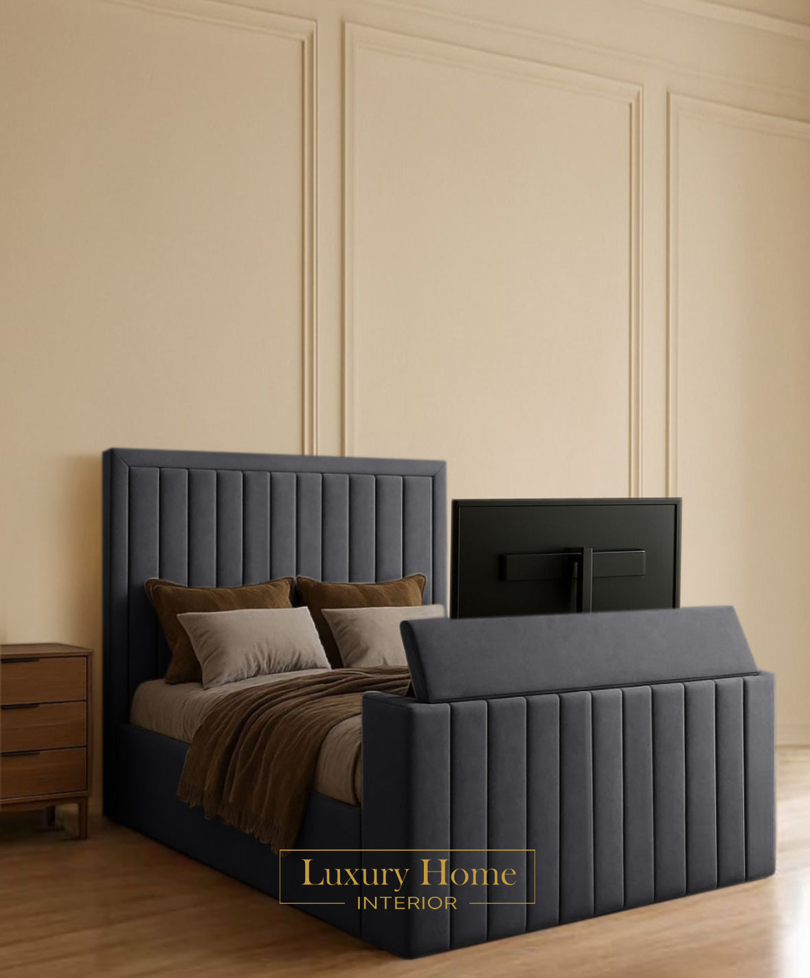 The Bespoke Napsen Upholstered Soft Velvet Line Tv Bespoke Bed Frame- Fully Customisable with Storage Options- Luxe Tv Range