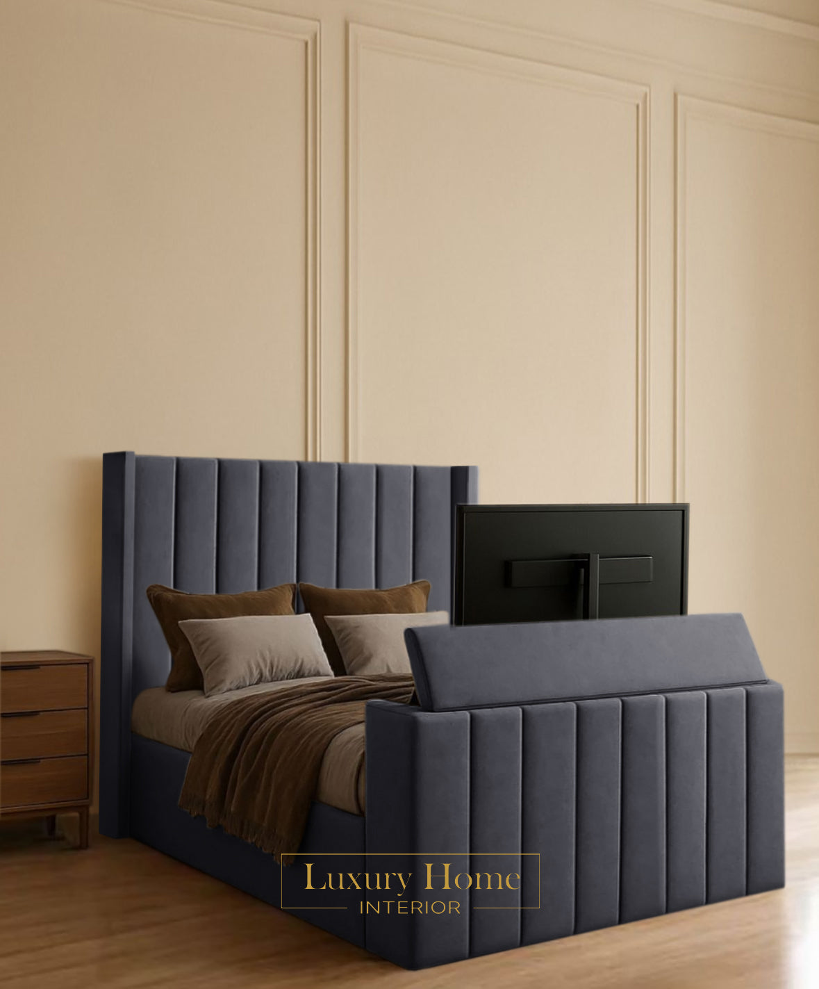 The Bespoke Zennic Upholstered Soft Velvet Line Tv Bespoke Bed Frame- Fully Customisable with Storage Options- Luxe Tv Range