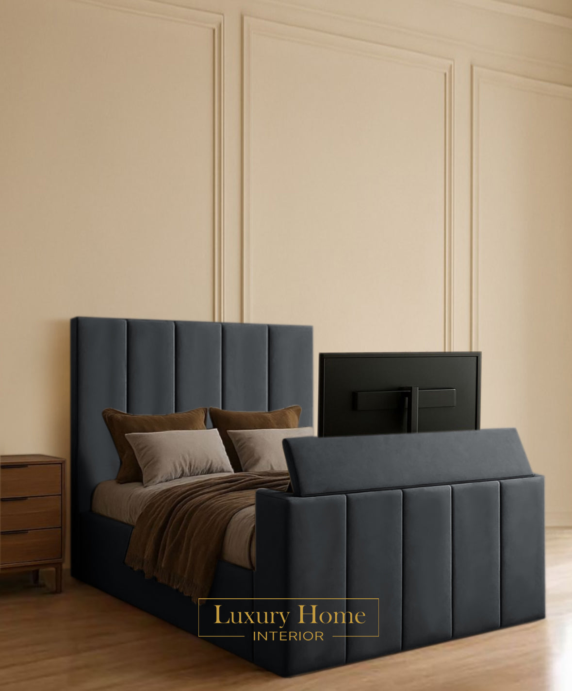 The Bespoke Cloudia Upholstered Soft Velvet Line Tv Bespoke Bed Frame- Fully Customisable with Storage Options- Luxe Tv Range