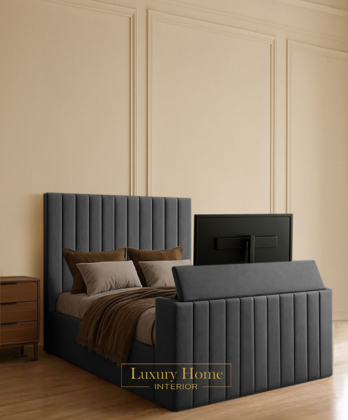 The Bespoke Royale Upholstered Soft Velvet Line Tv Bespoke Bed Frame- Fully Customisable with Storage Options- Luxe Tv Range