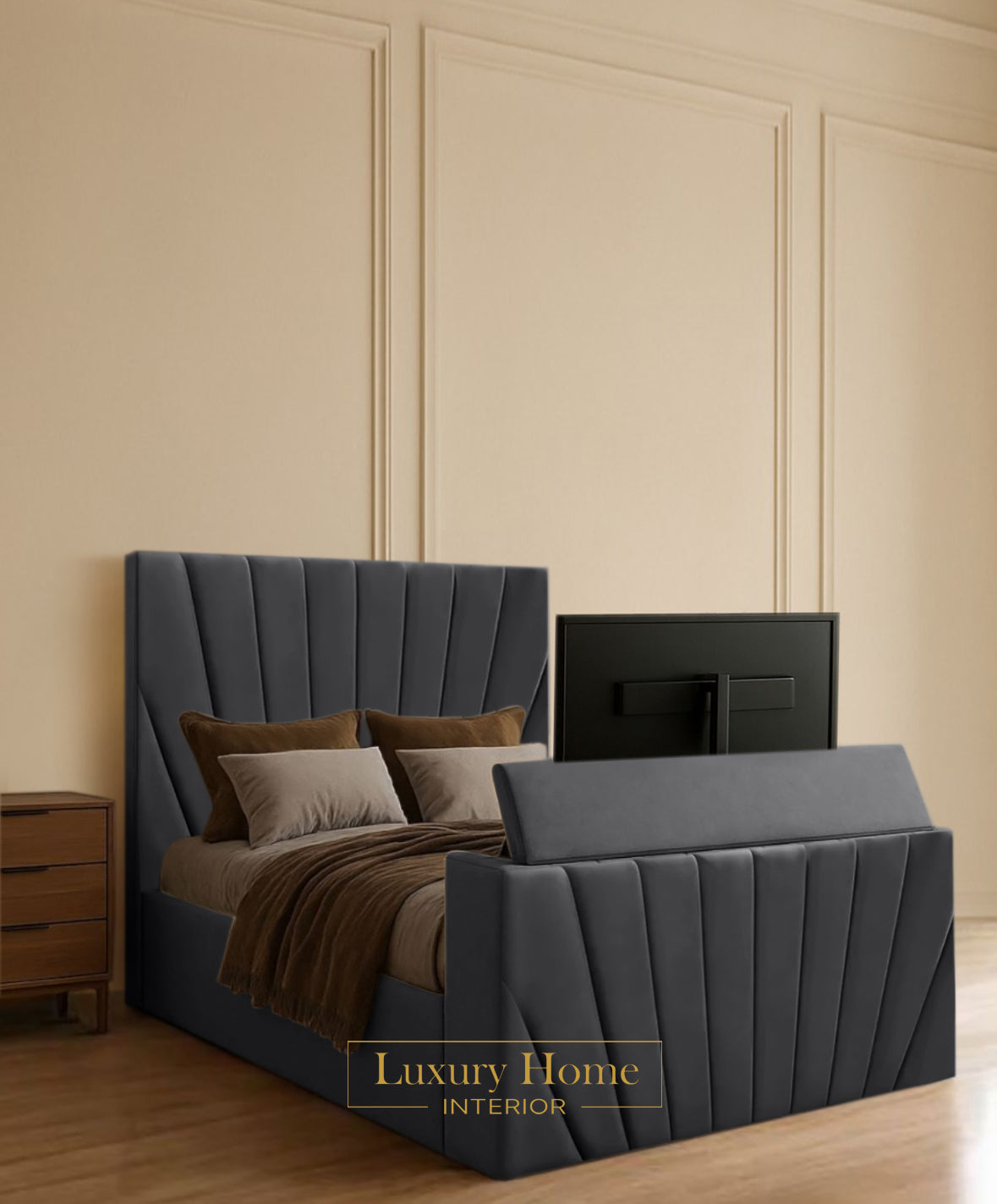 The Bespoke Lunera Upholstered Soft Velvet Line Tv Bespoke Bed Frame- Fully Customisable with Storage Options- Luxe Tv Range