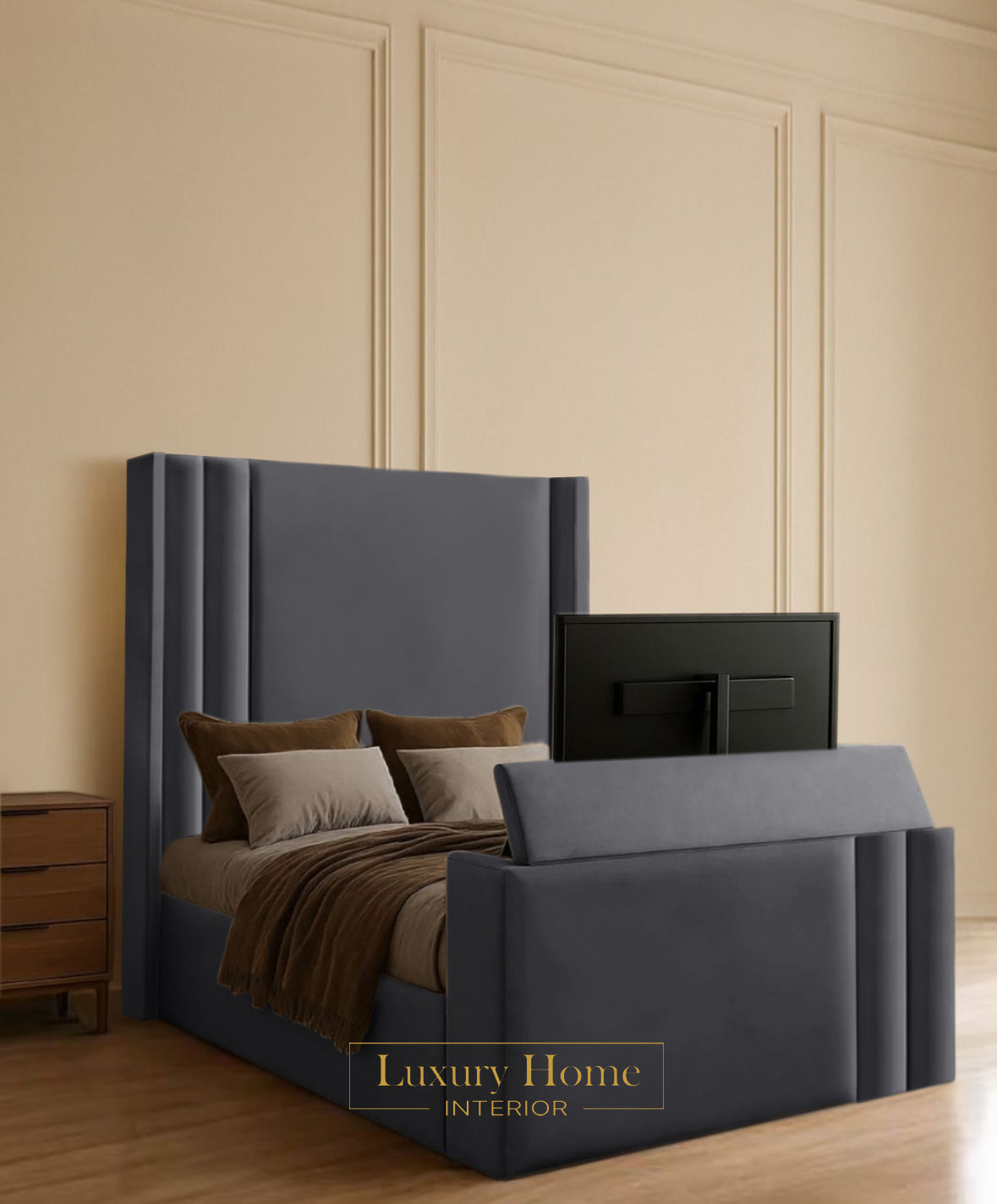 The Bespoke Linea Upholstered Soft Velvet Line Tv Bespoke Bed Frame- Fully Customisable with Storage Options- Luxe Tv Range