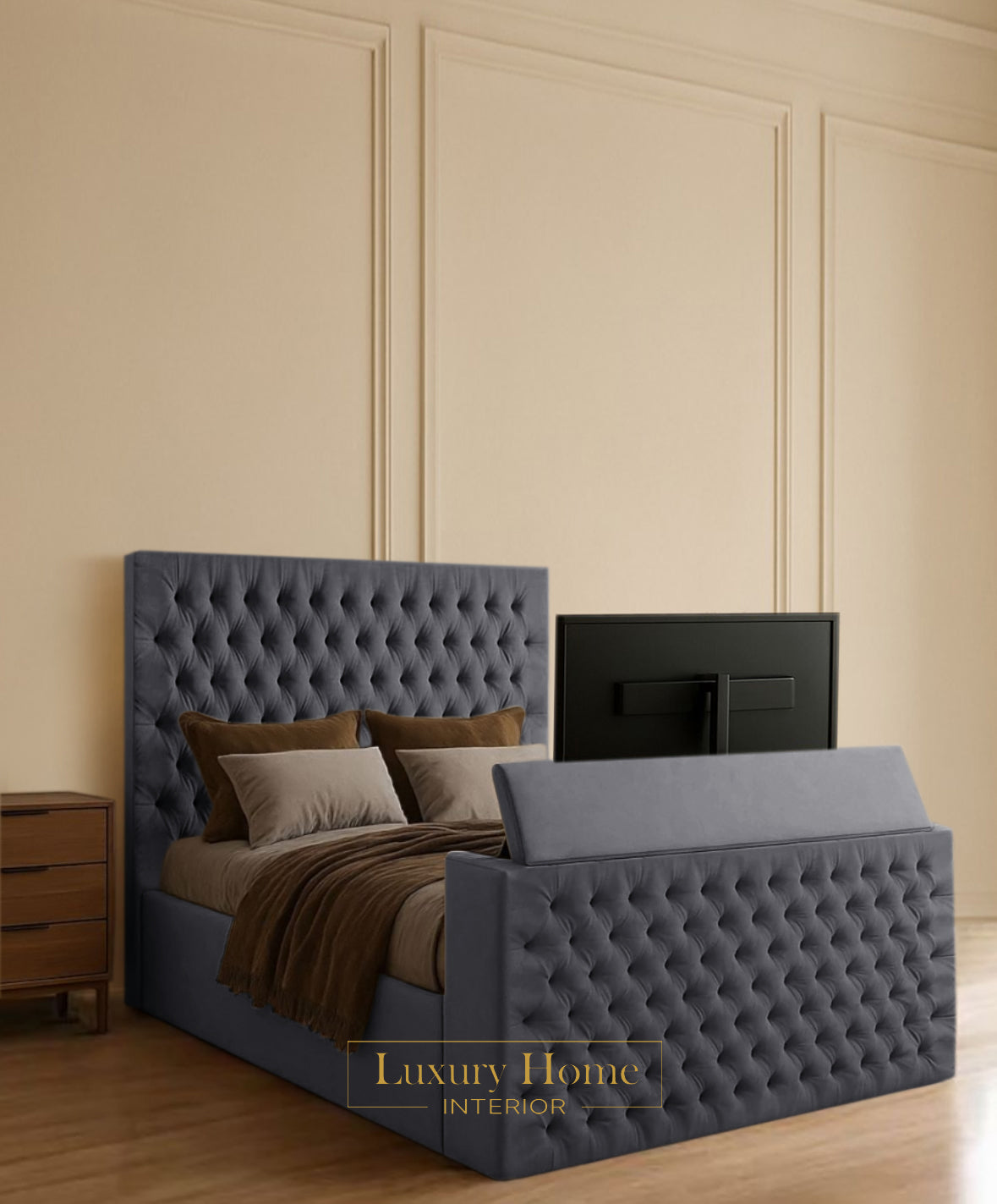 The Bespoke Snorvia Upholstered Soft Velvet Line Tv Bespoke Bed Frame- Fully Customisable with Storage Options- Luxe Tv Range