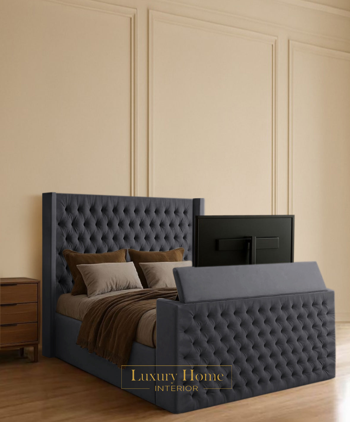 The Bespoke Relexa Upholstered Soft Velvet Line Tv Bespoke Bed Frame- Fully Customisable with Storage Options- Luxe Tv Range