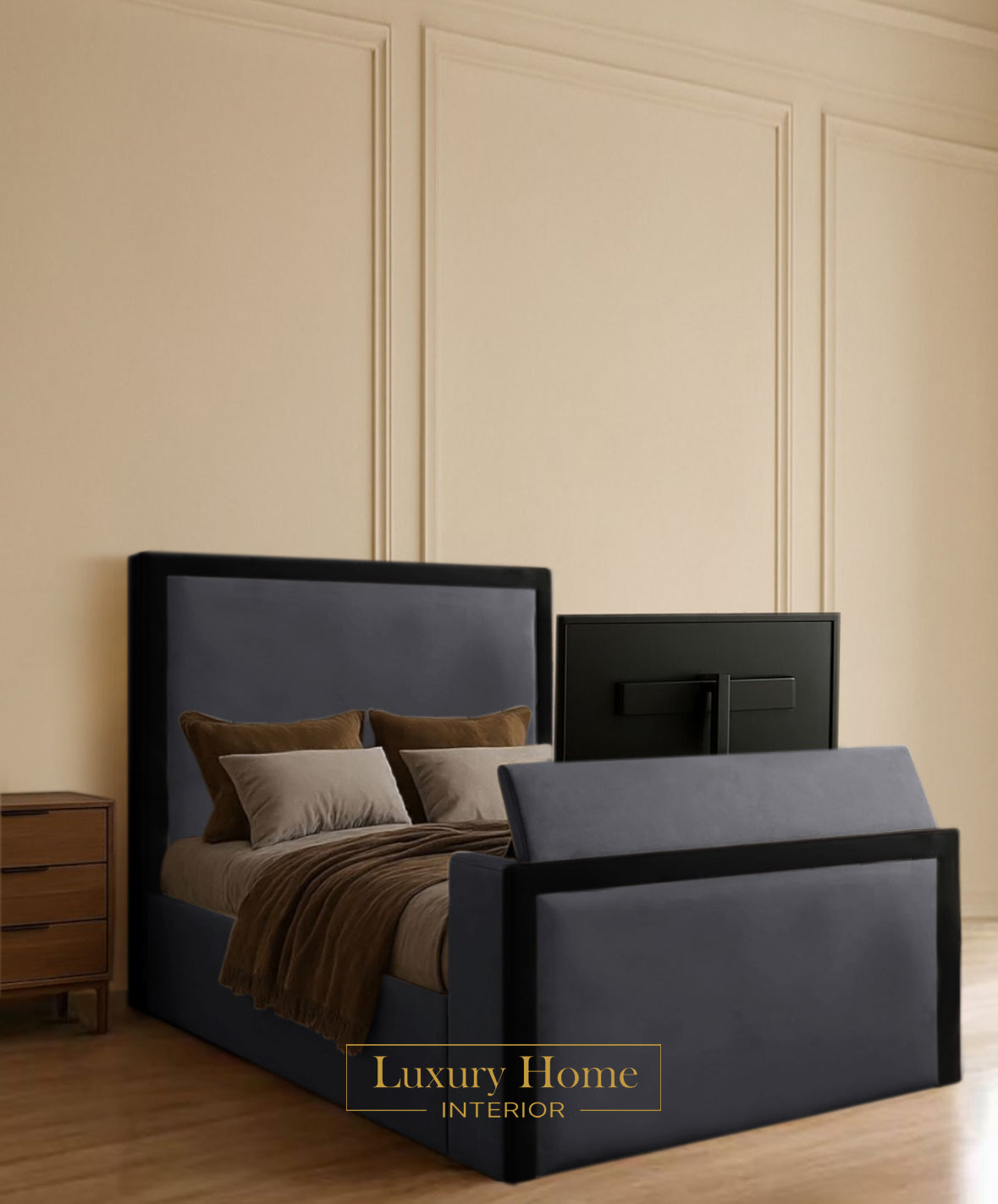 The Bespoke Ember Upholstered Soft Velvet Line Tv Bespoke Bed Frame- Fully Customisable with Storage Options- Luxe Tv Range