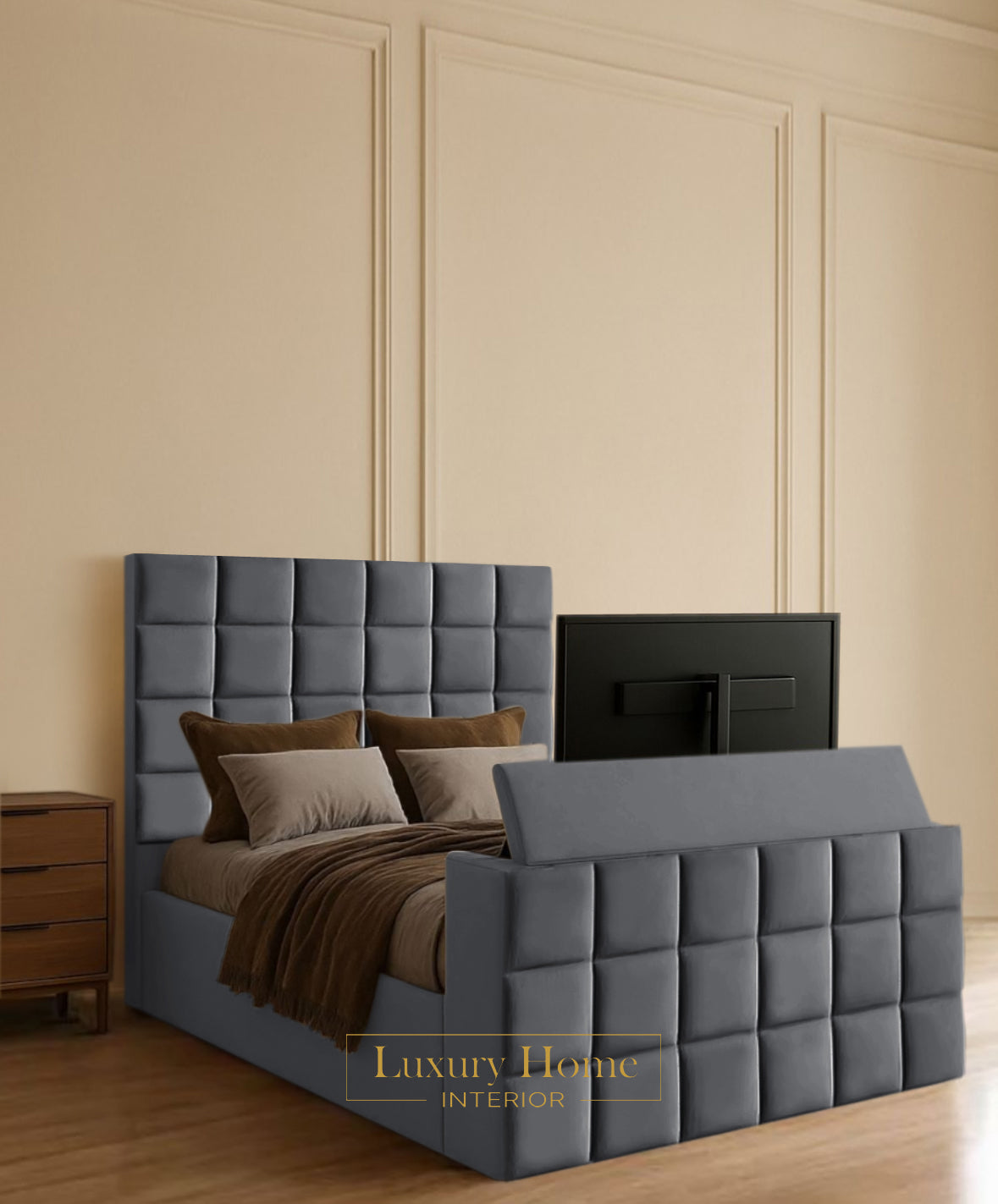 The Bespoke Velora Upholstered Soft Velvet Line Tv Bespoke Bed Frame- Fully Customisable with Storage Options- Luxe Tv Range