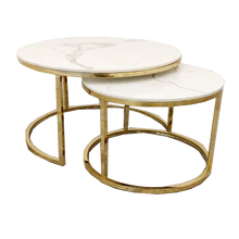 Cato Nest of 2 Short Round Coffee Gold Tables with Polar White Sintered Stone Tops