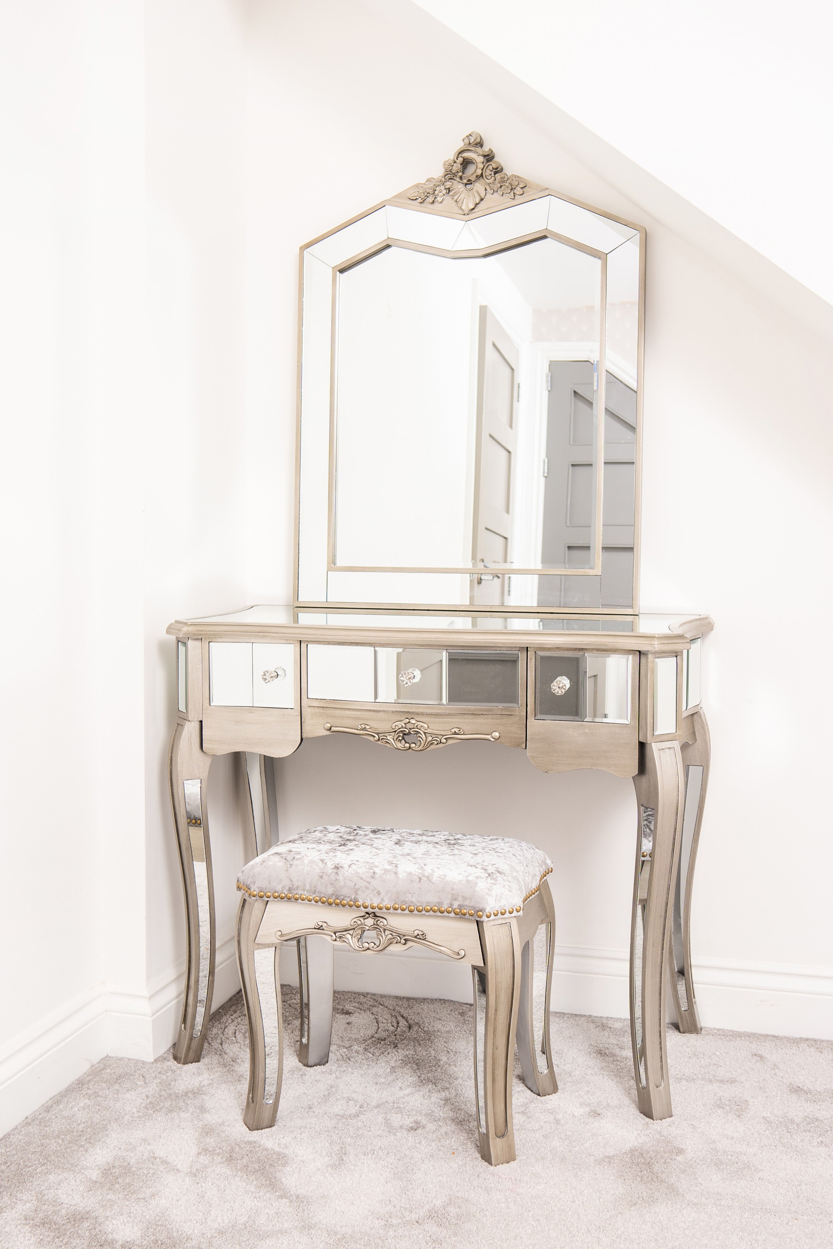 Florence Ornate Silver Mirrored Vanity 3 Drawer Dressing Table- Stool & Mirror Tiffany Set